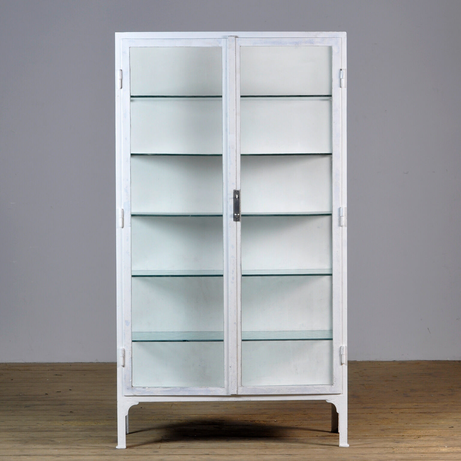 Vintage iron and glass medical cabinet, 1940s