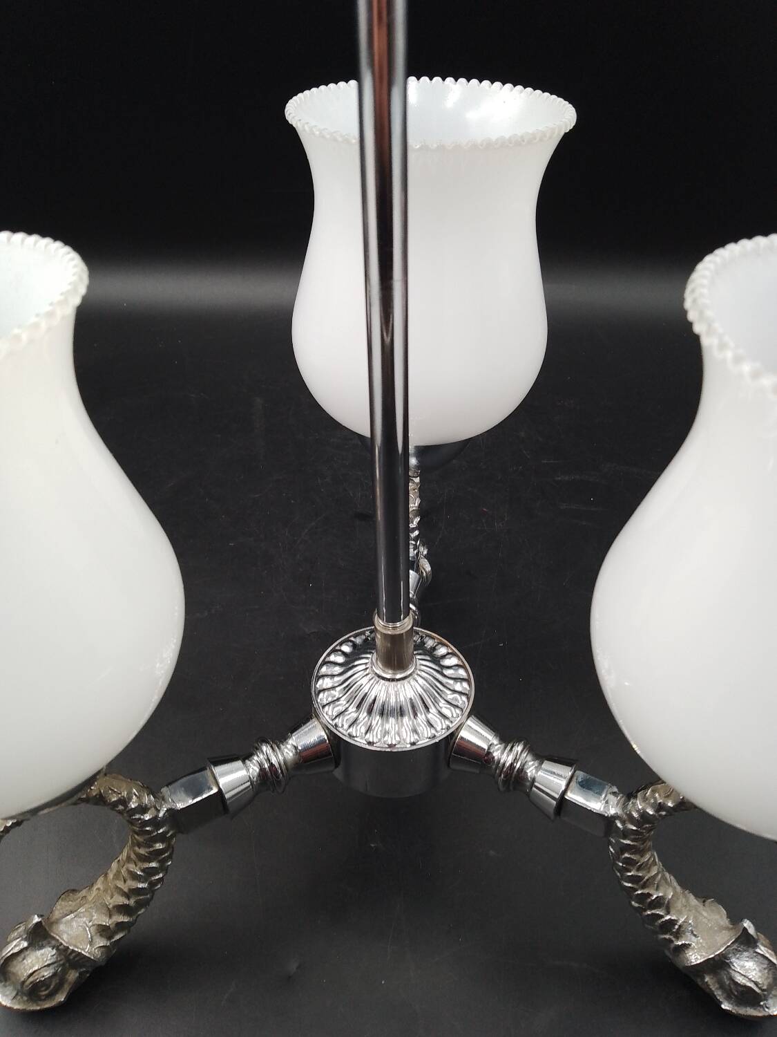 Vintage lamp 70/80 chrome dolphin fish chandelier and 3 opaline arms