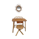 Coiffeuse en rotin vintage 1950 avec miroir soleil