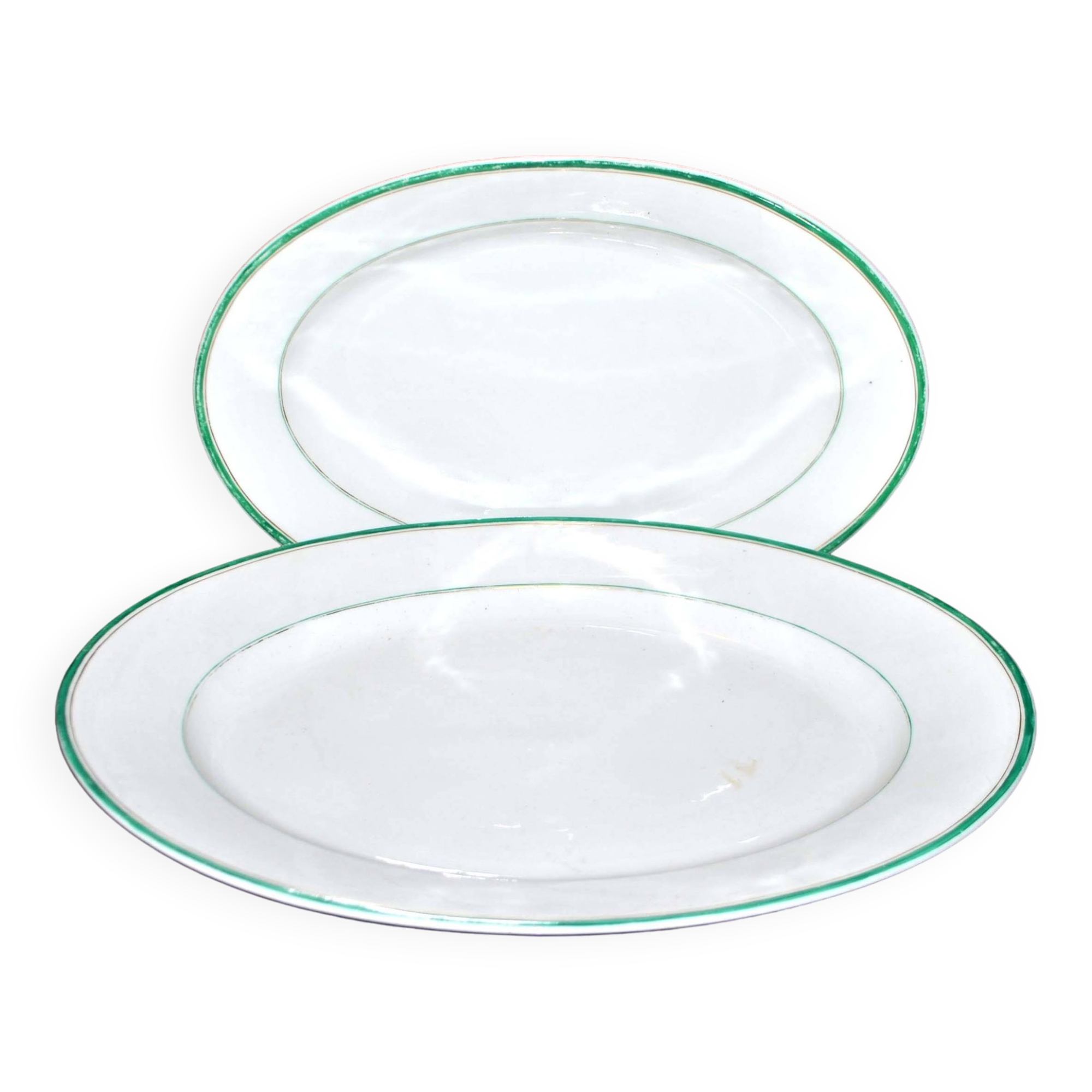 Limoges set of 2 old oval porcelain dishes with green and gold edging