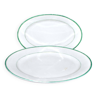 Limoges set of 2 old oval porcelain dishes with green and gold edging