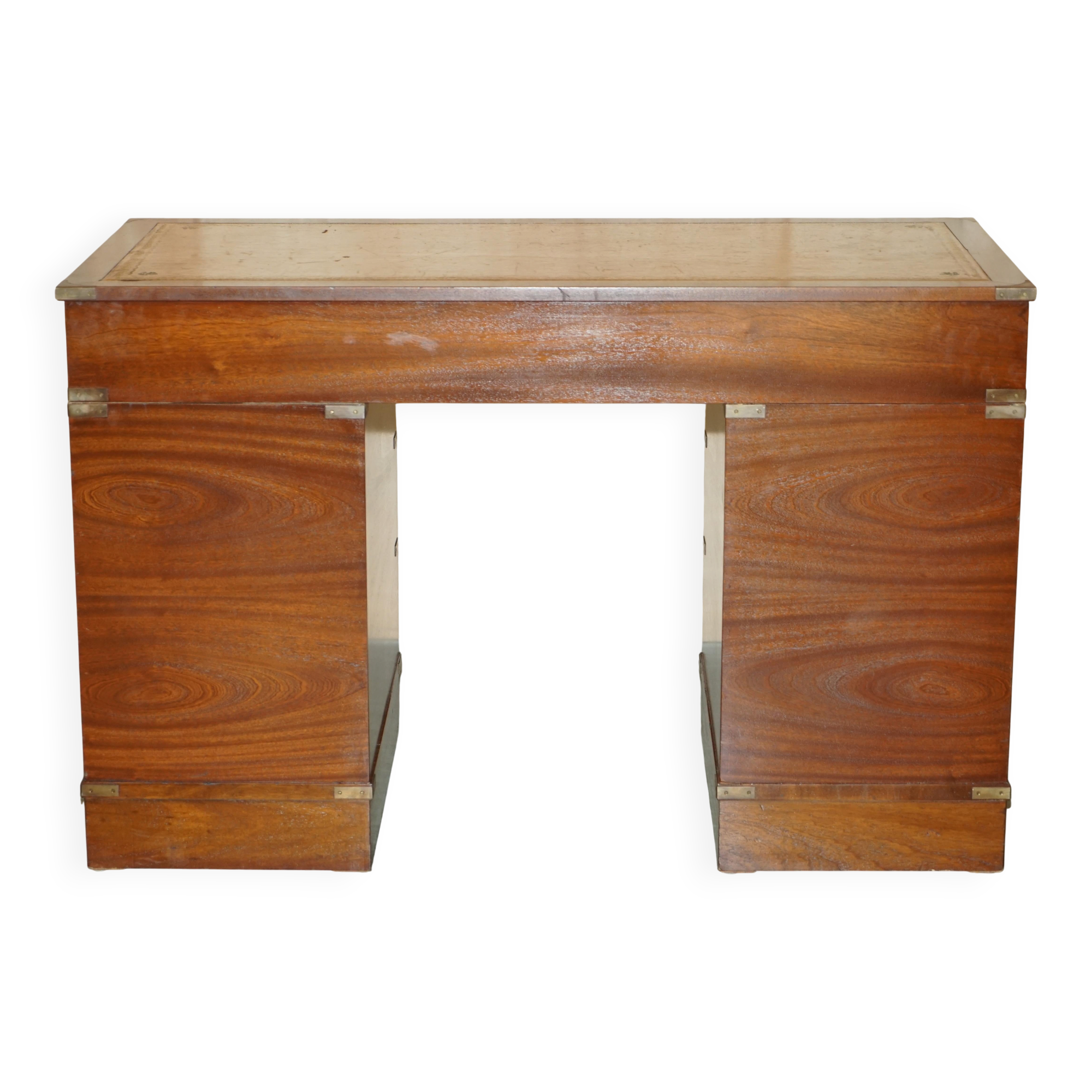 Vintage Harrods Kennedy desk in military campaign style with drawers.
