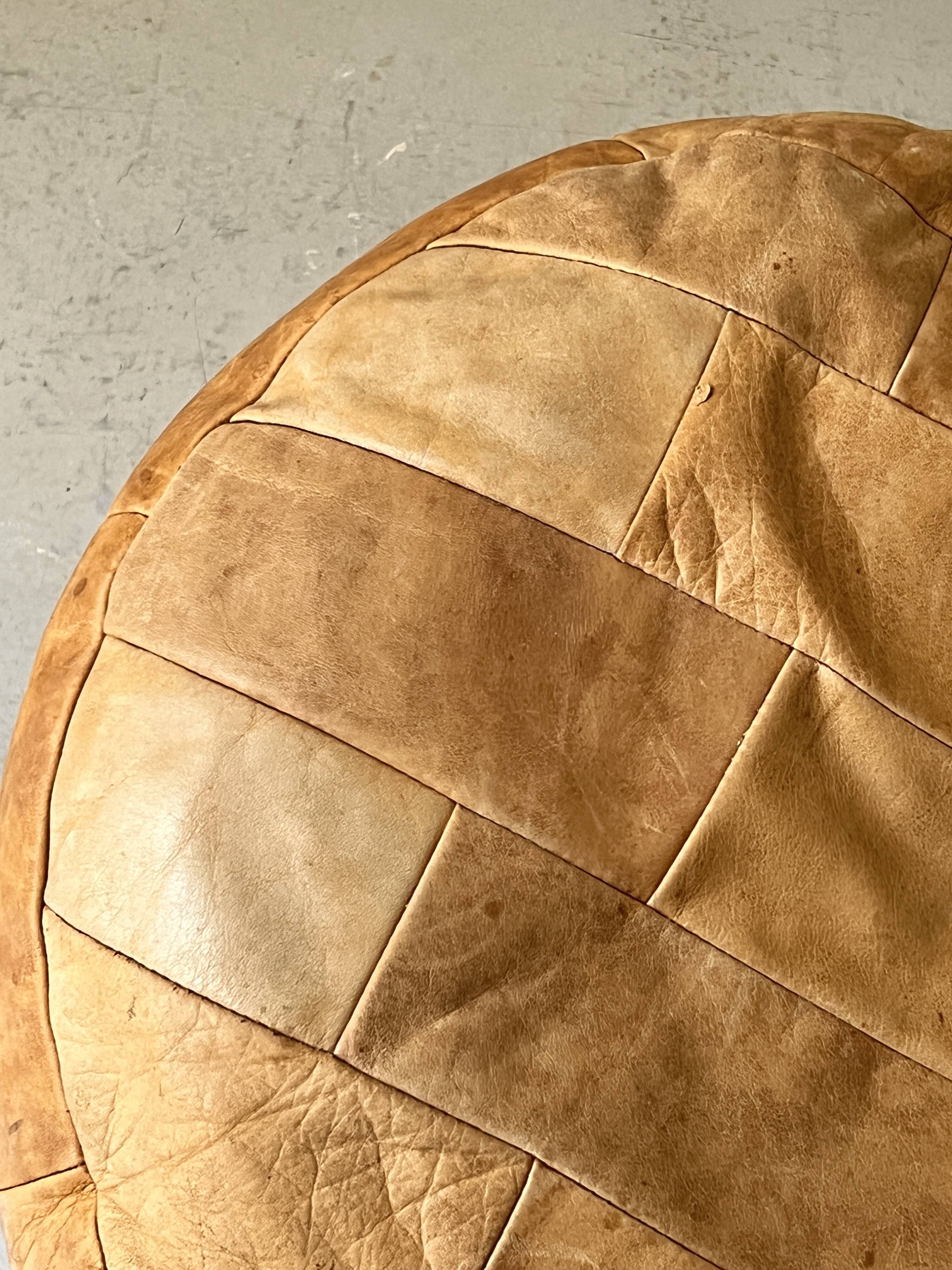 Pouf patchwork of natural cognac leather by De Sede, design 1970.