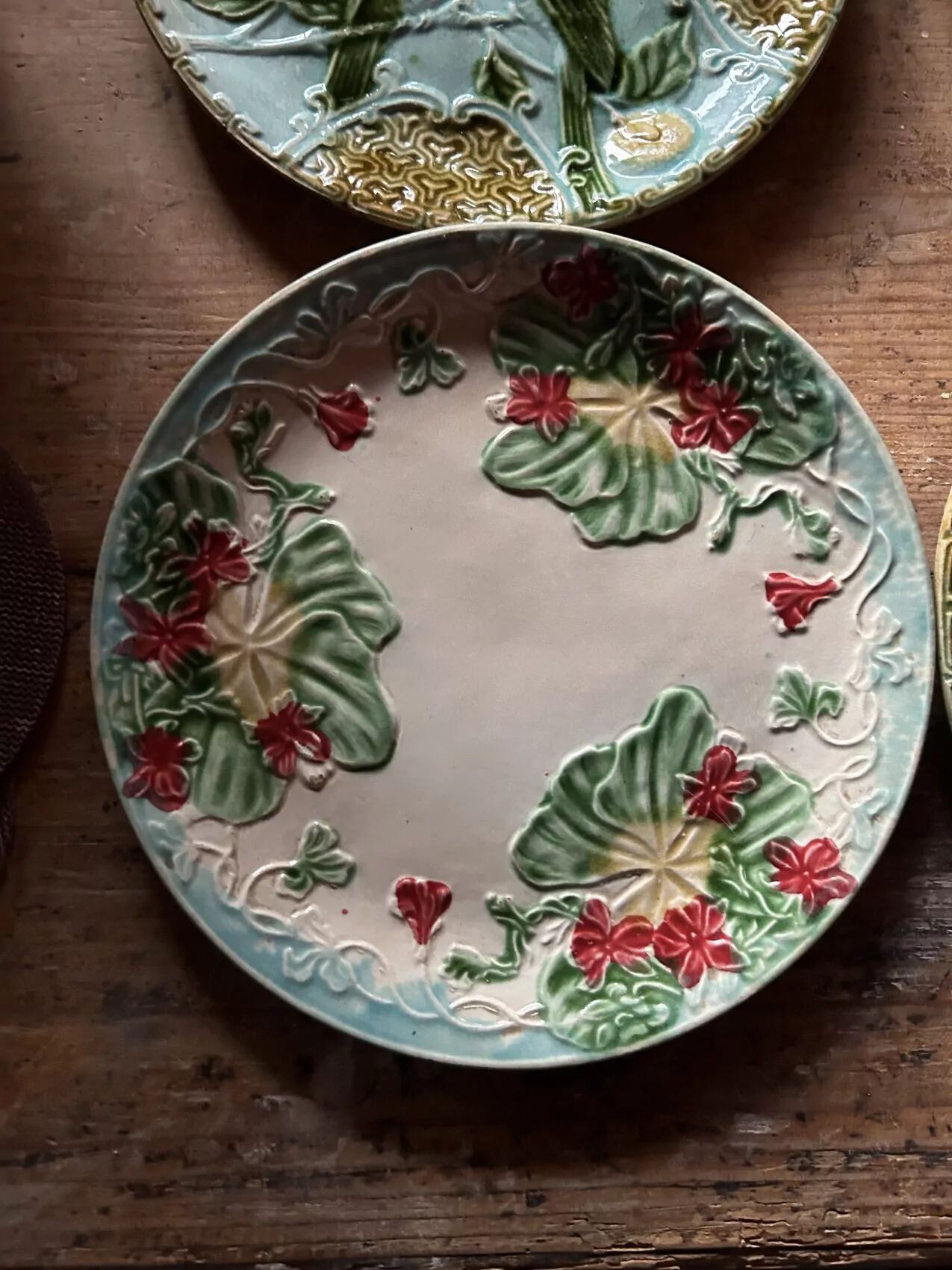 Antique faience barbotine plates – Mismatched set – circa 1900