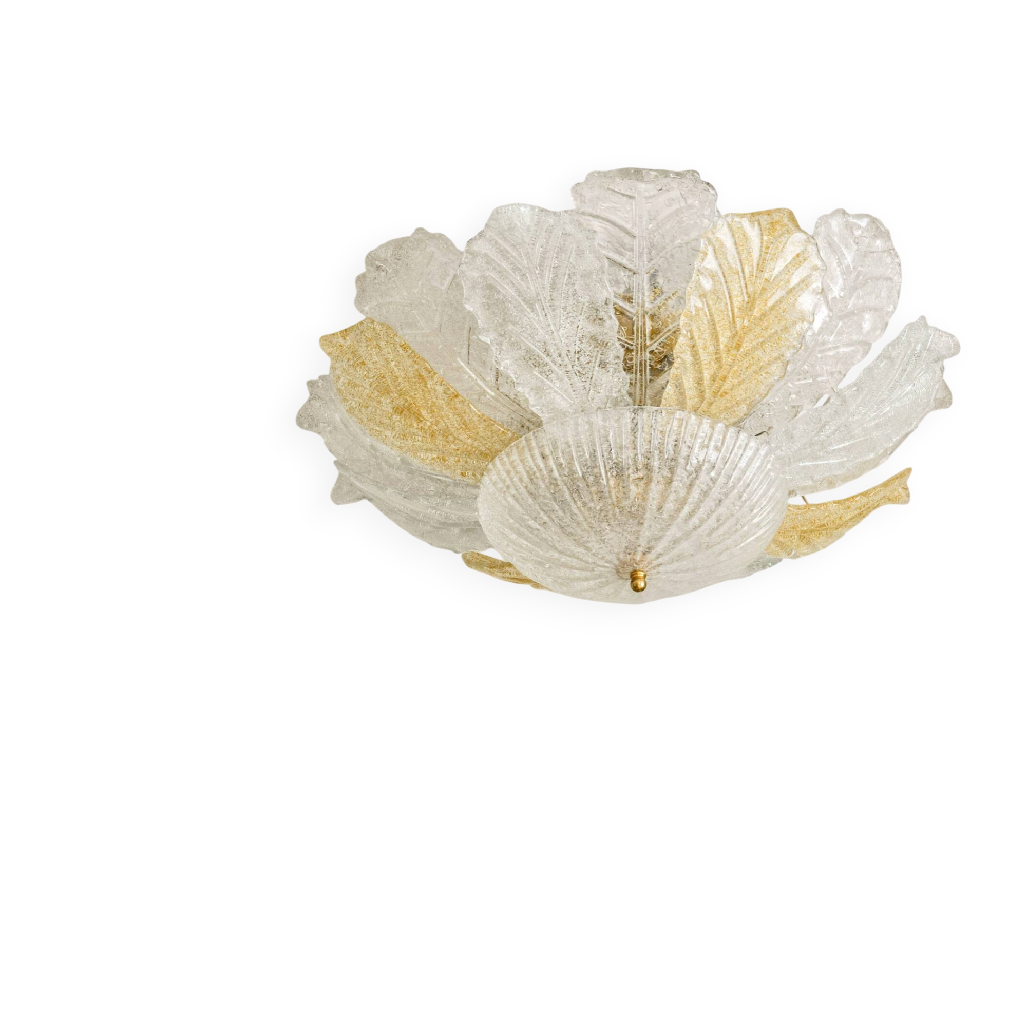 Vintage Murano chandelier/ceiling light with 16 white and amber leaves.