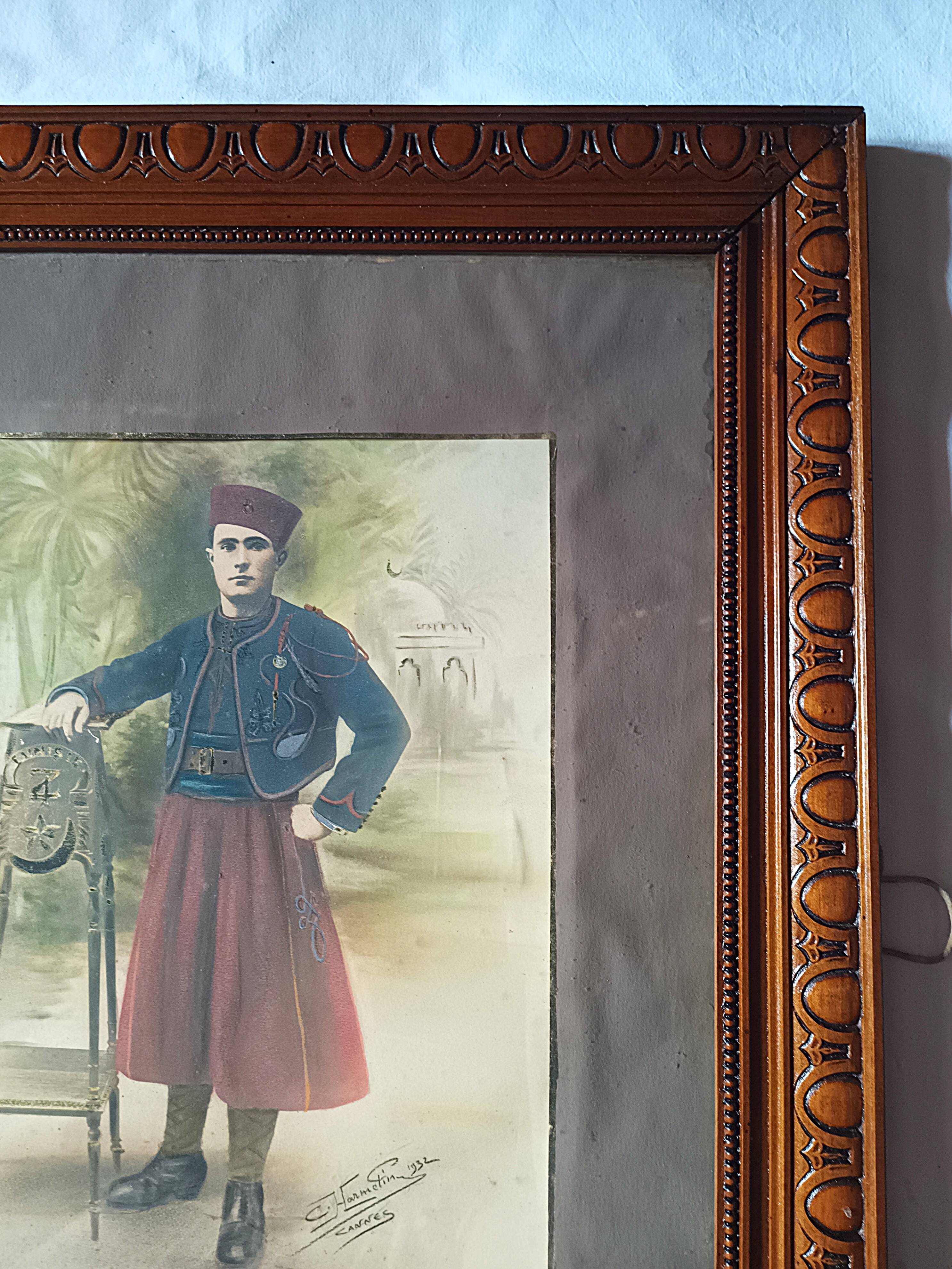 Framed Militaria 1932 large portrait of a Tunisian sharpshooter signed 66 cm X 55 cm