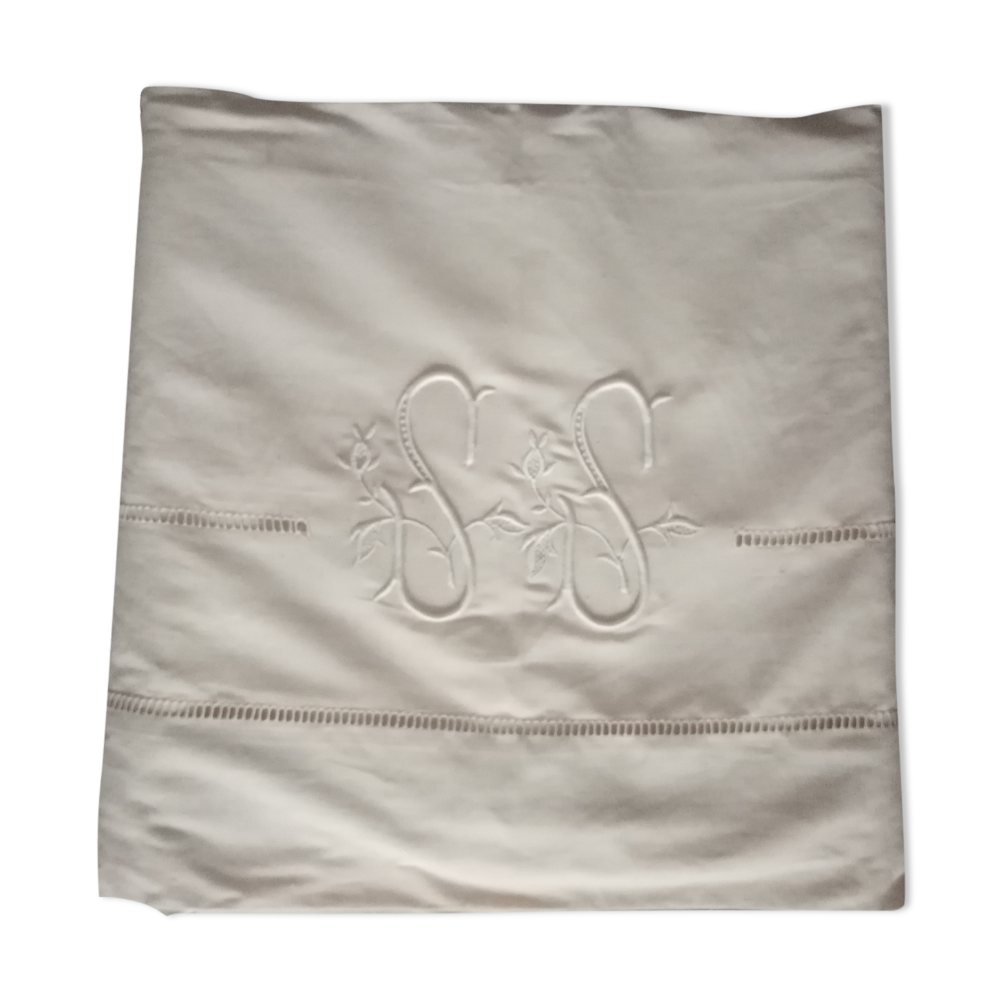 Old linen sheet embroidered monogram SS 320 X 230 cm