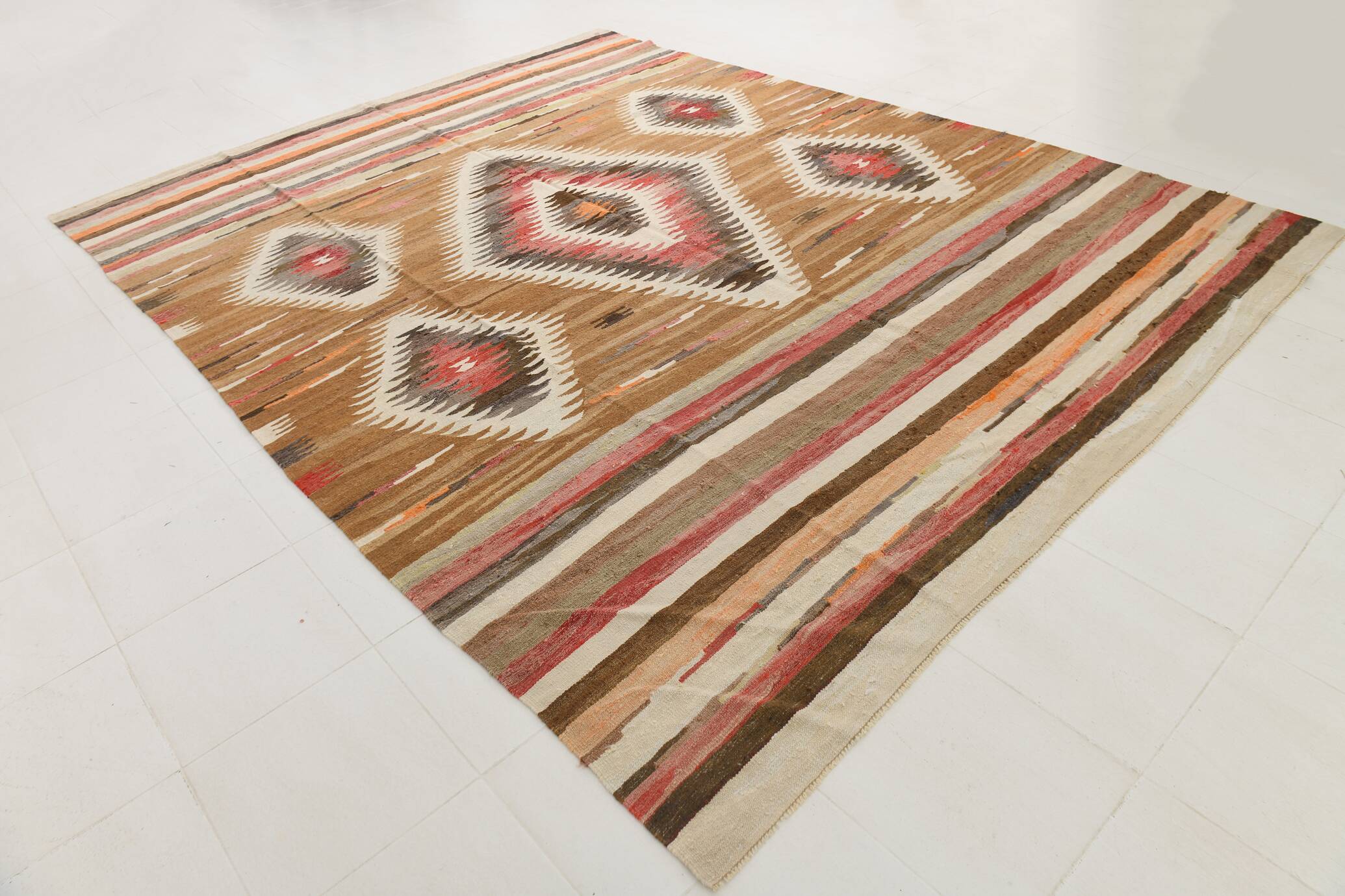 Grand Kilim Vintage Géometrique, Tons Terre & Rouge, Fait Main, 293x386 Cm