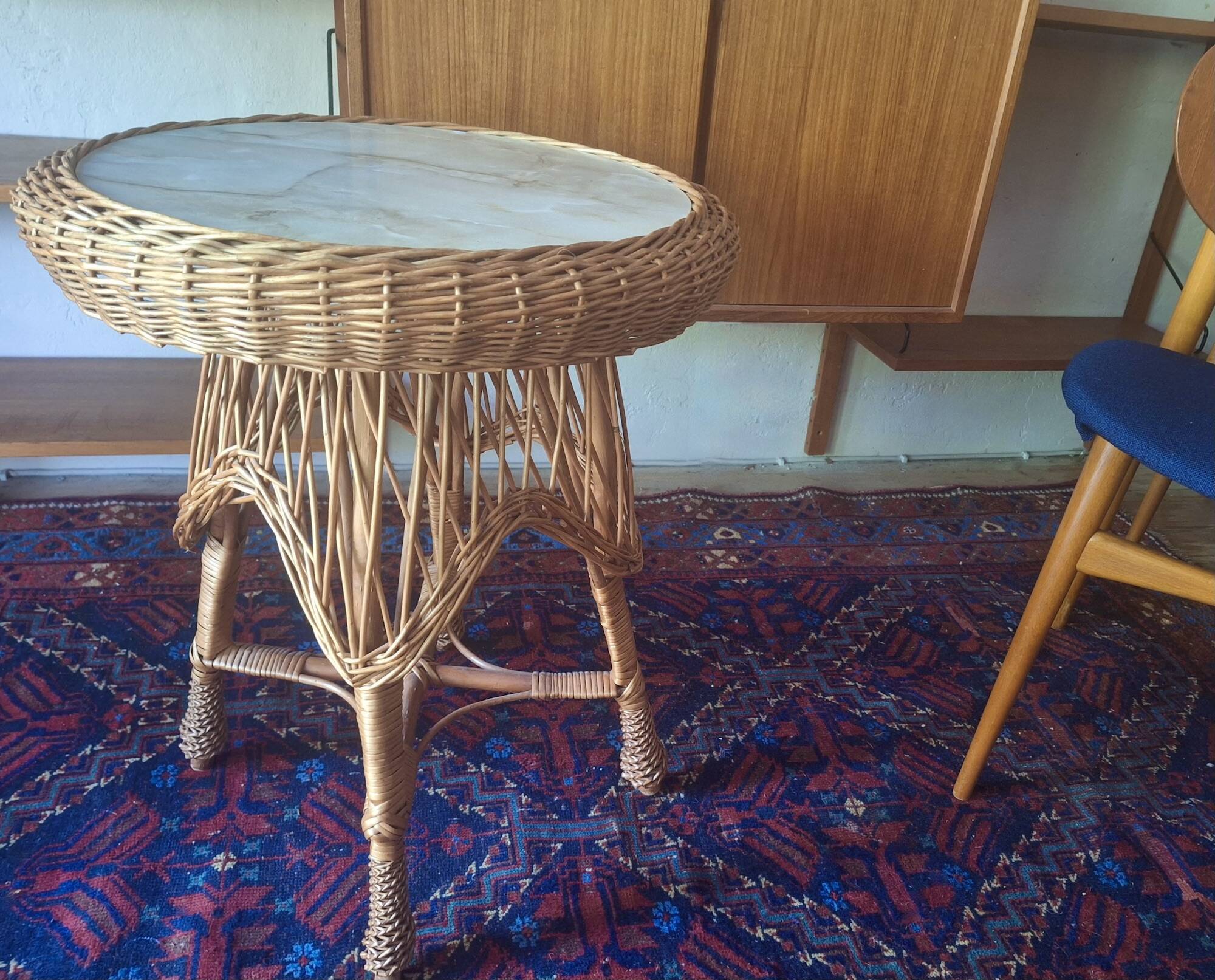 Circular bamboo and faux marble coffee or wine table, 1960s