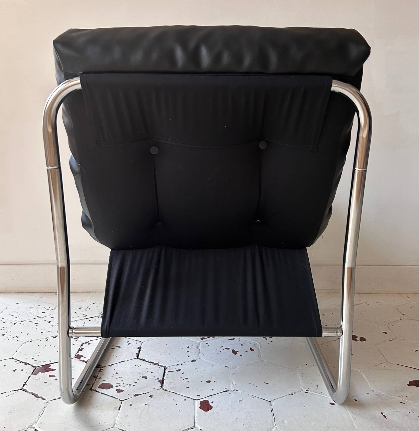Vintage Gillis Lundgren armchair, black leather and chrome, Sweden 1970s