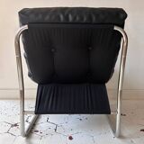 Vintage Gillis Lundgren armchair, black leather and chrome, Sweden 1970s