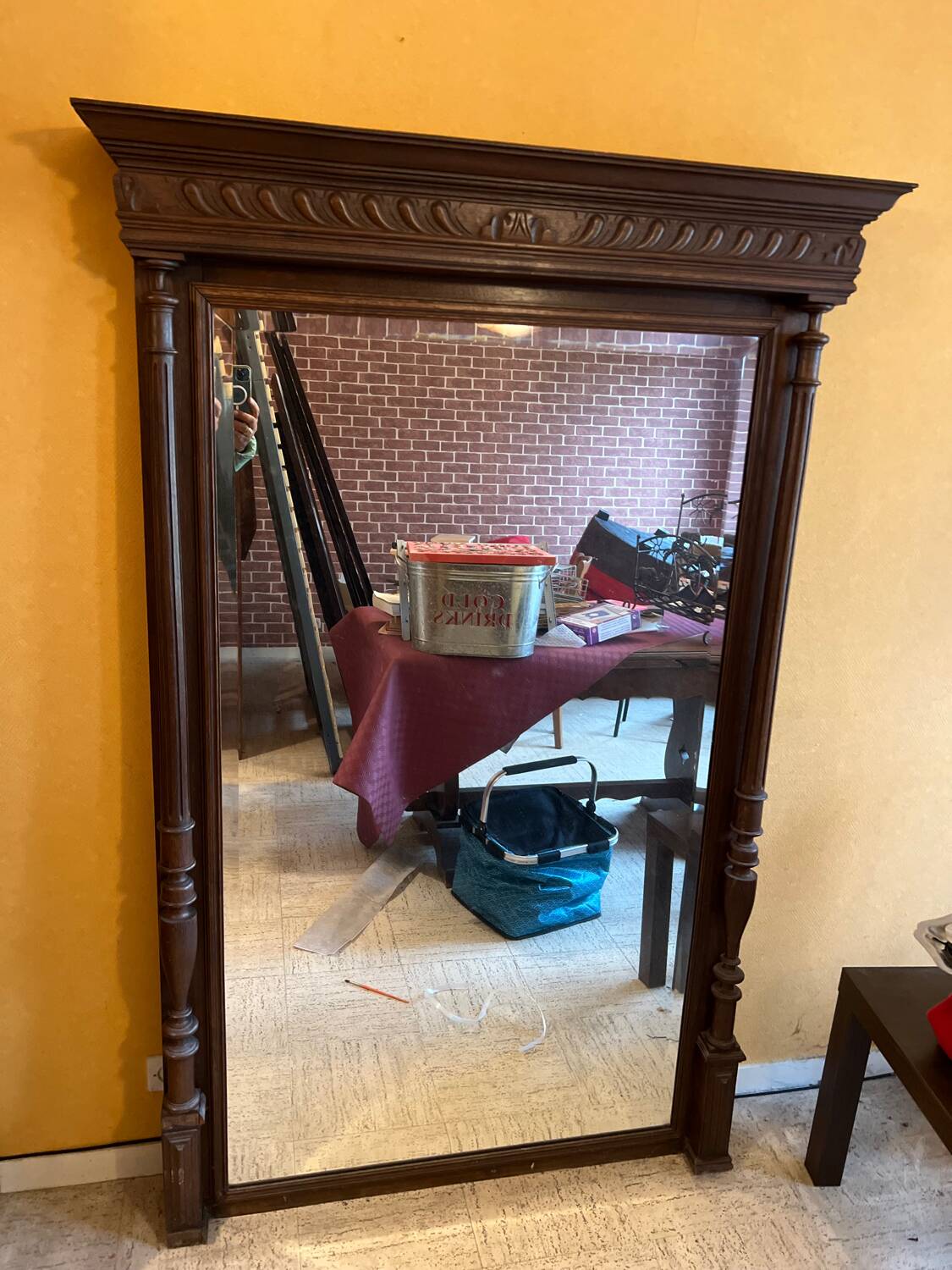 Large old solid oak trumeau mirror