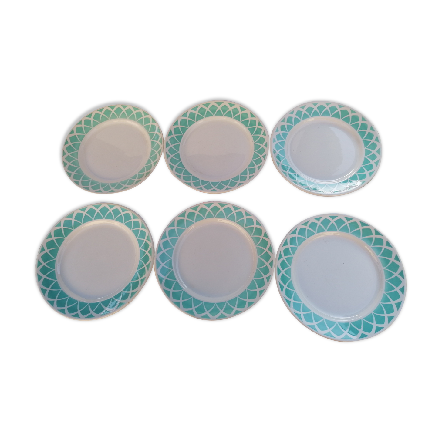 6 flat plates, Badonvillers earthenware, lagoon green, 60s
