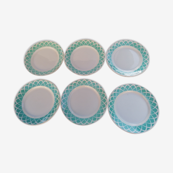 6 flat plates, Badonvillers earthenware, lagoon green, 60s