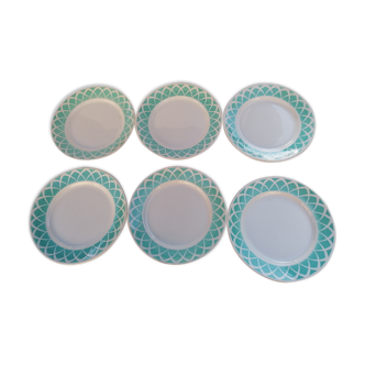 6 flat plates, Badonvillers earthenware, lagoon green, 60s