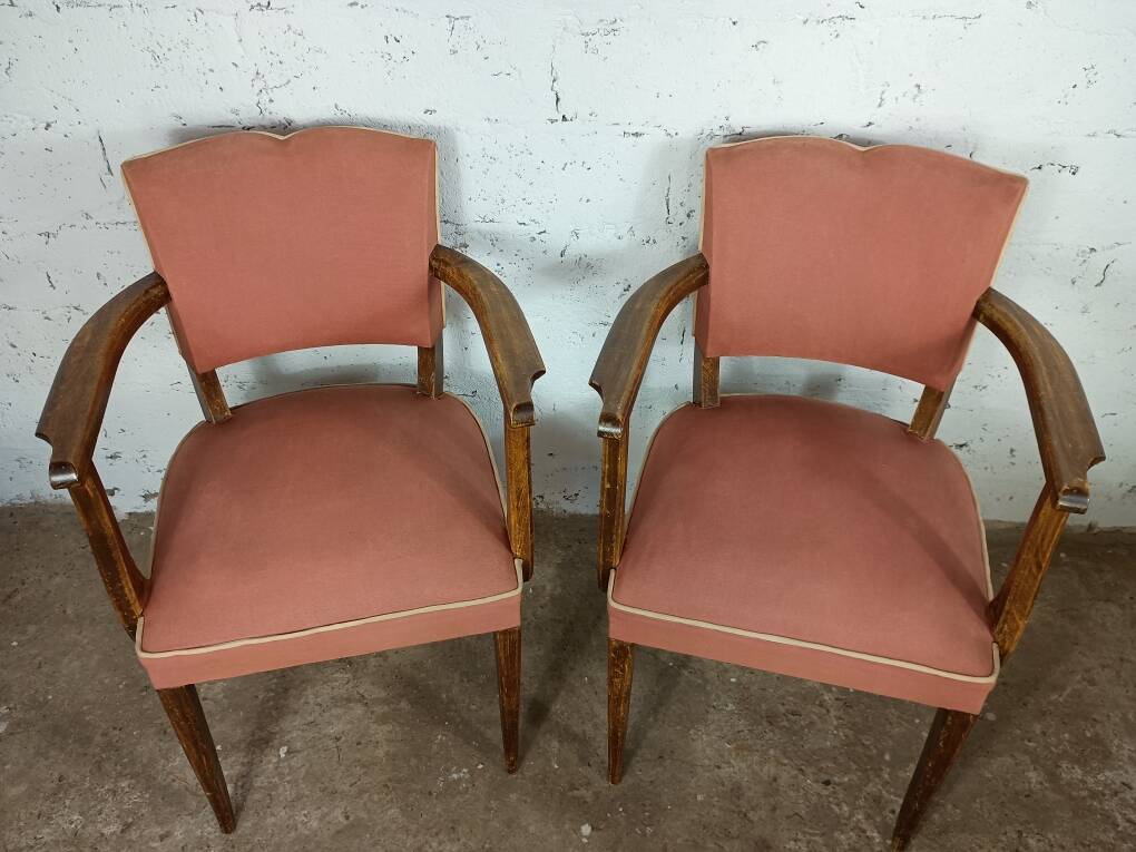 2 pale pink 50s moustache bridge armchairs