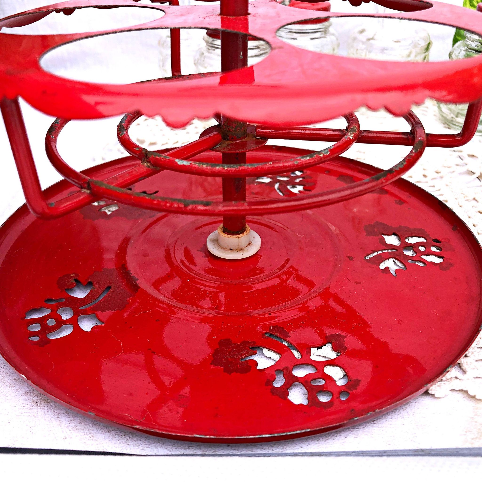 Table condiment server red metal turntable 6 vintage pieces