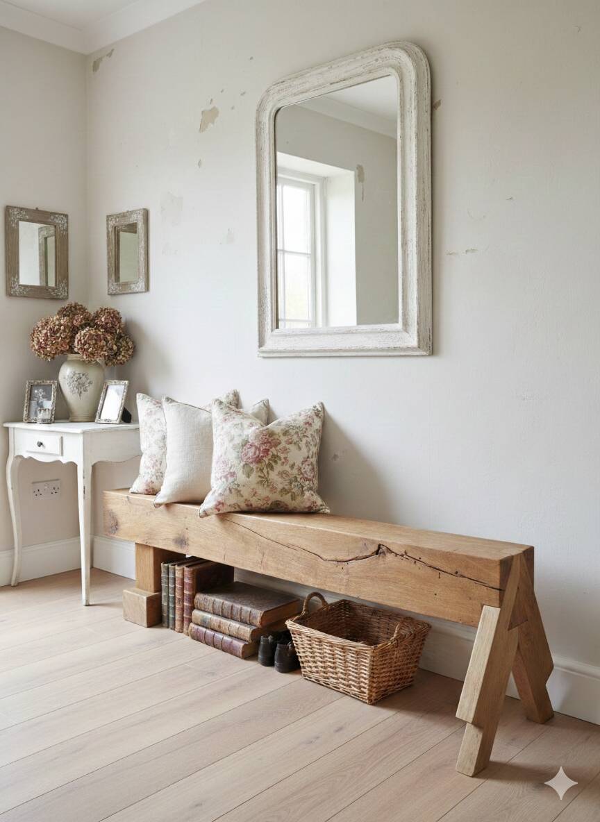 Artisanal oak beam entrance bench