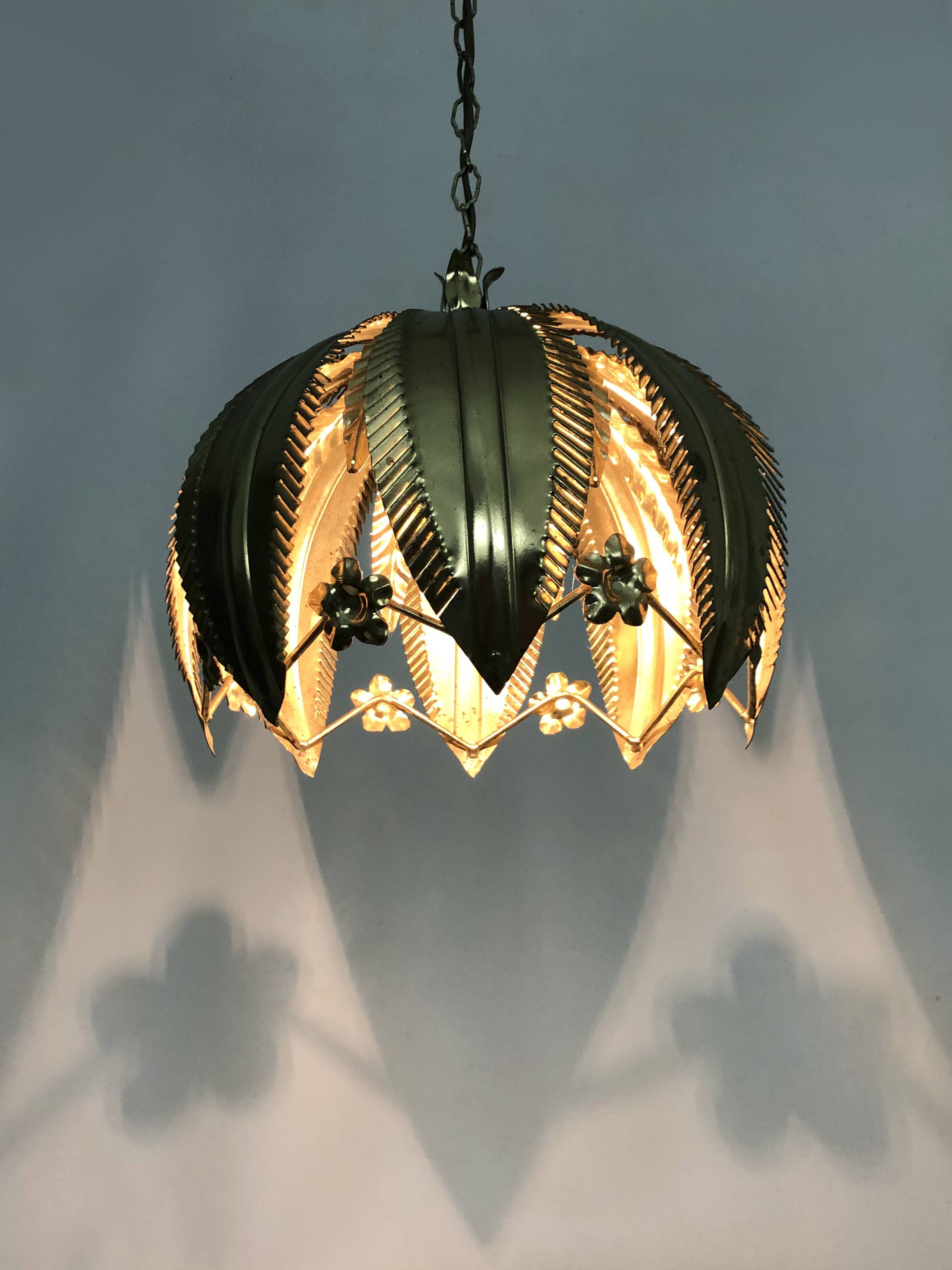 Vintage 80s gold metal palm leaf pendant light