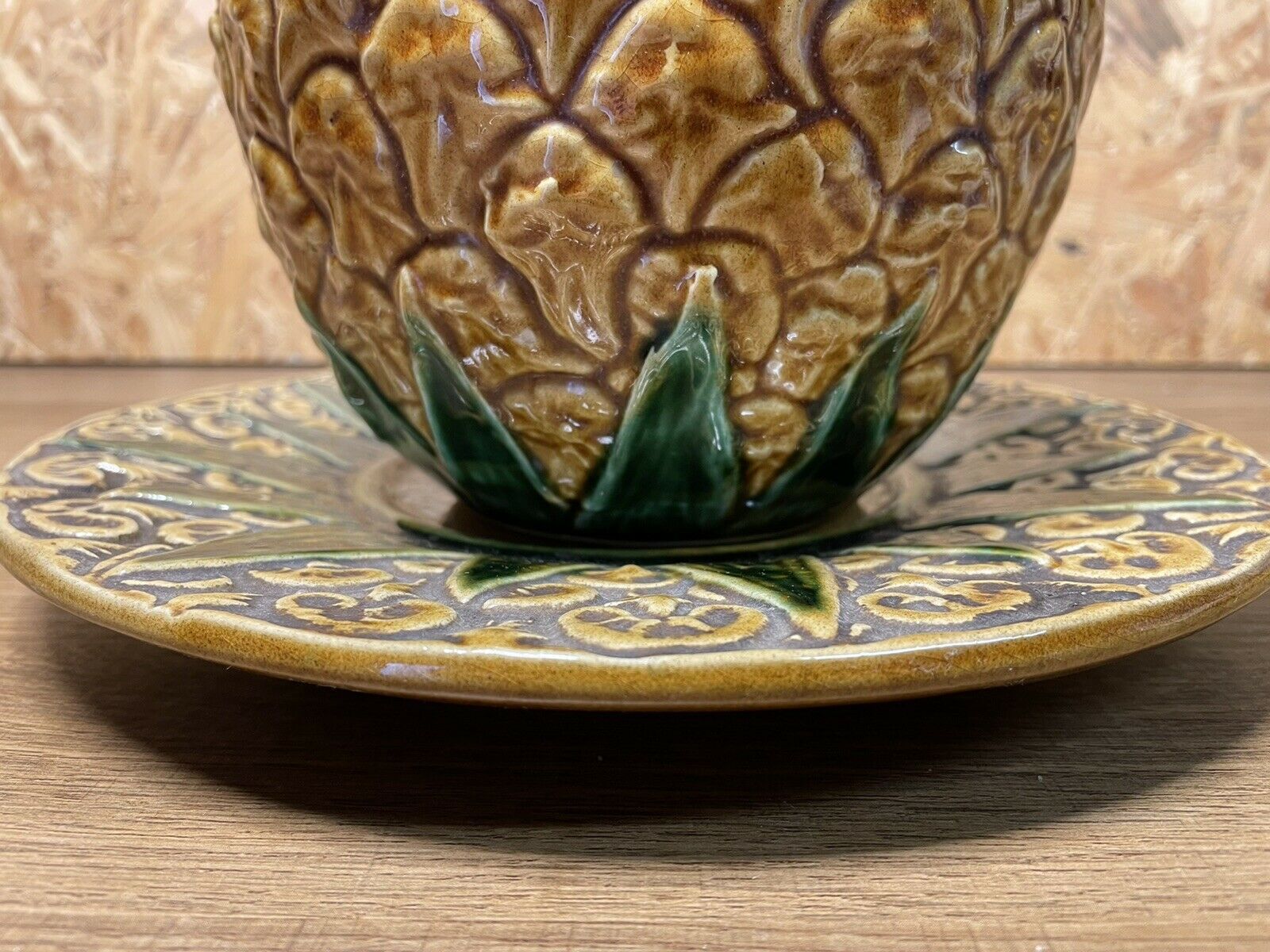 Barbotine ananas vintage ensemble pot et plat, deco exotique