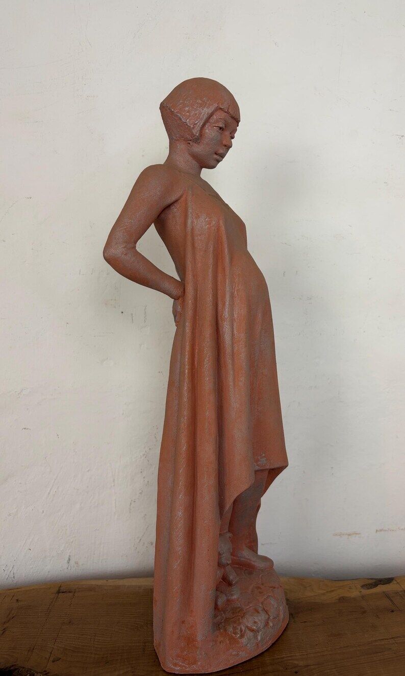 Vintage Terracotta Pregnant Woman Sculpture – Mid-Century Style Maternity Art Figurine