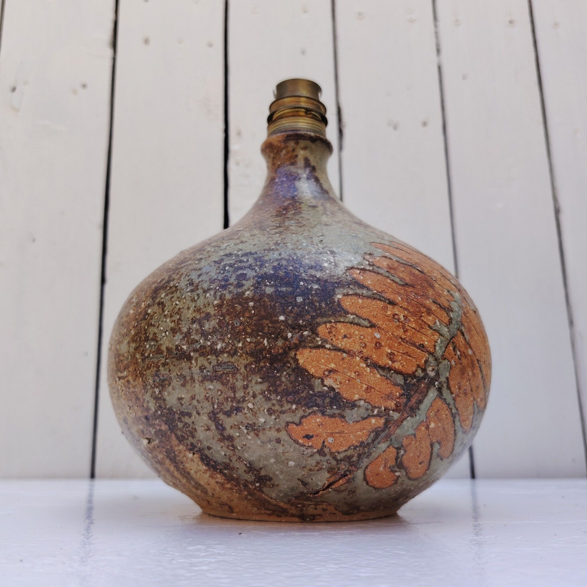 Pied de lampe en grès pyrité, fougère, Alain Blanchard, vintage