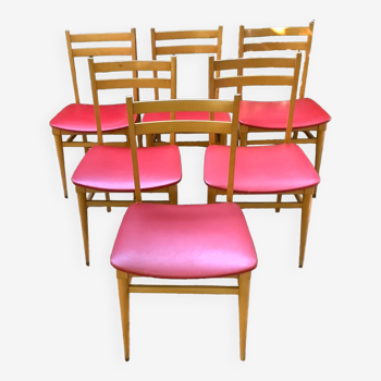 Chairs in beech and red Skaï 1950s