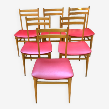 Chaises en hêtre et Skaï rouge 1950s