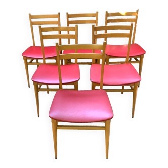 Chaises en hêtre et Skaï rouge 1950s