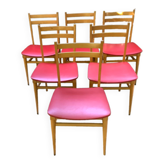 Chairs in beech and red Skaï 1950s