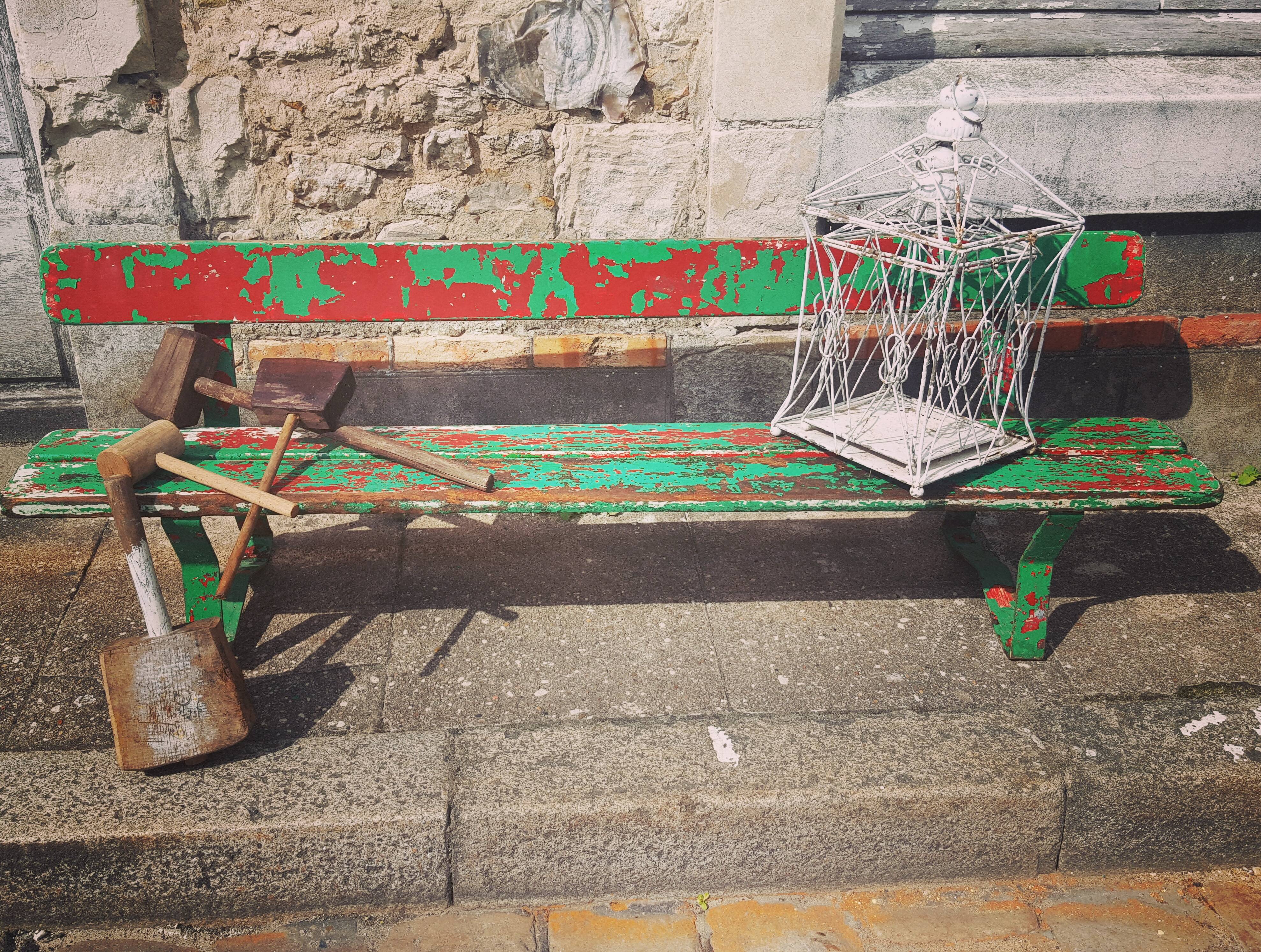 Former school bench patina green red