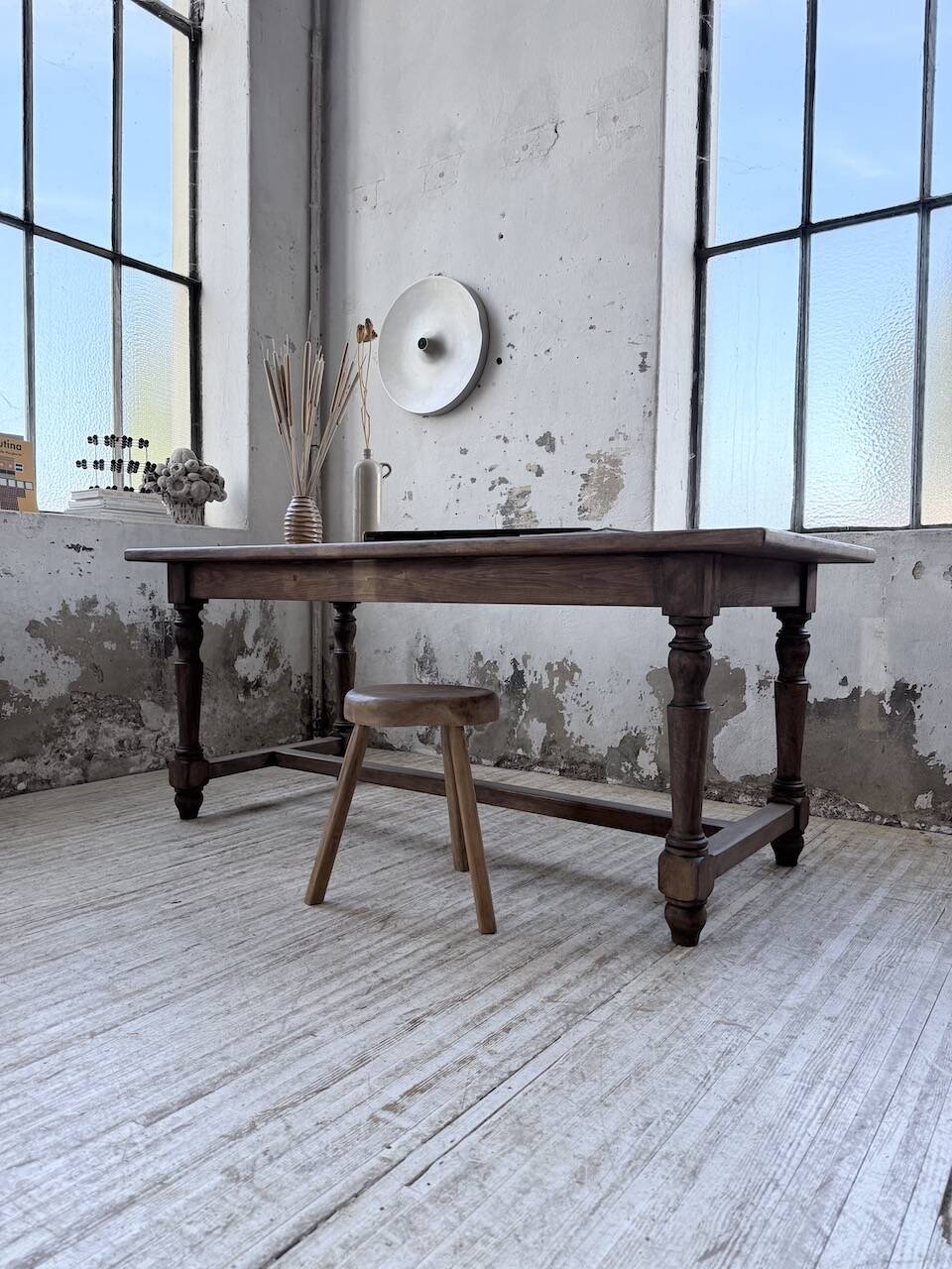 Farm table with turned legs, made of pine and birch, 180cm.