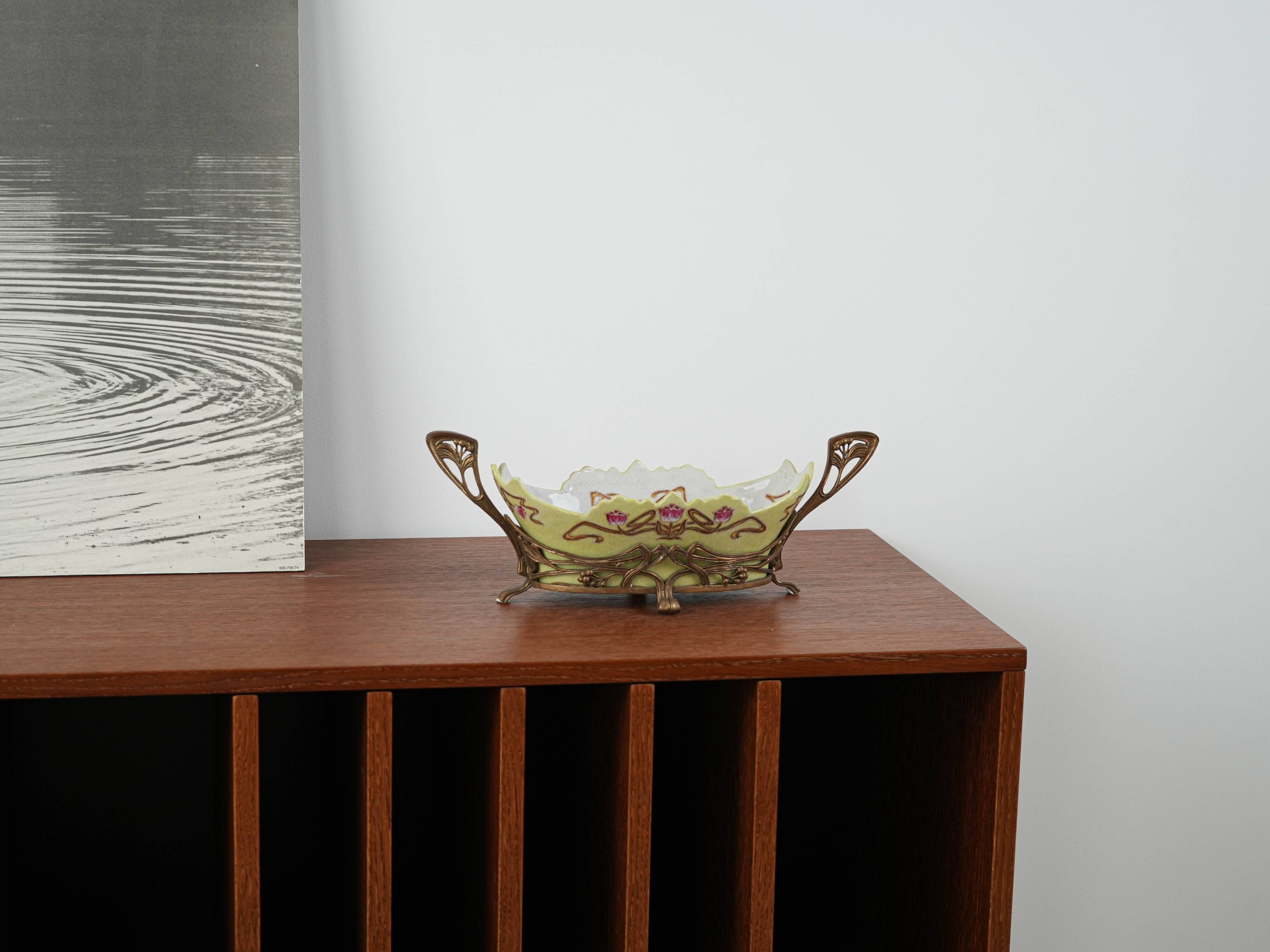 Art Nouveau ceramic platter with glazed golden finish in decorative metal frame, European