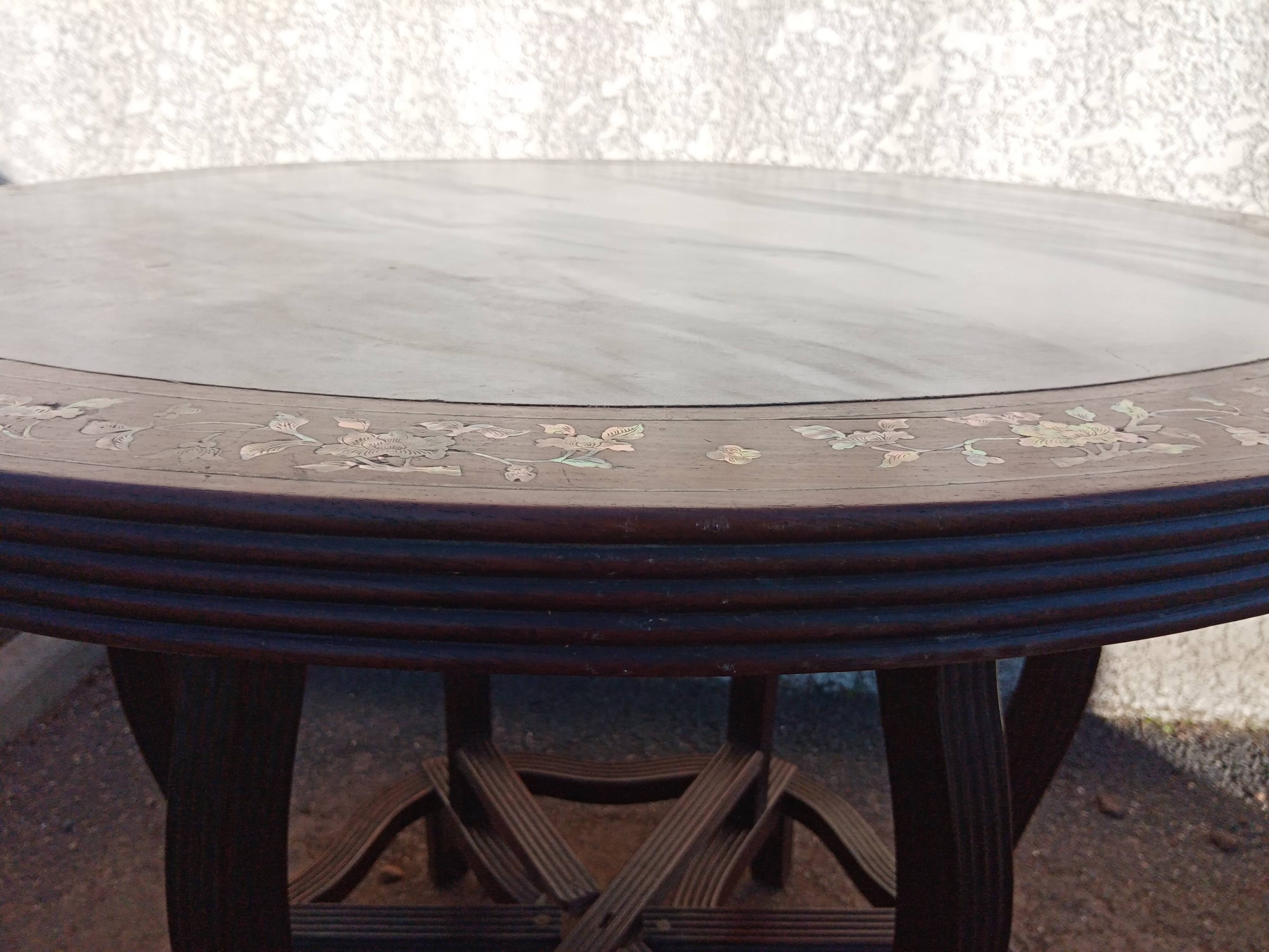 19th century Asian pedestal table with mother-of-pearl and brass inlay