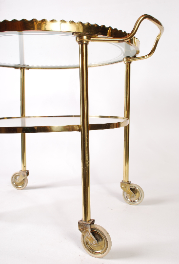 Mid century polished brass serving trolley, 1930's cocktail bar cart