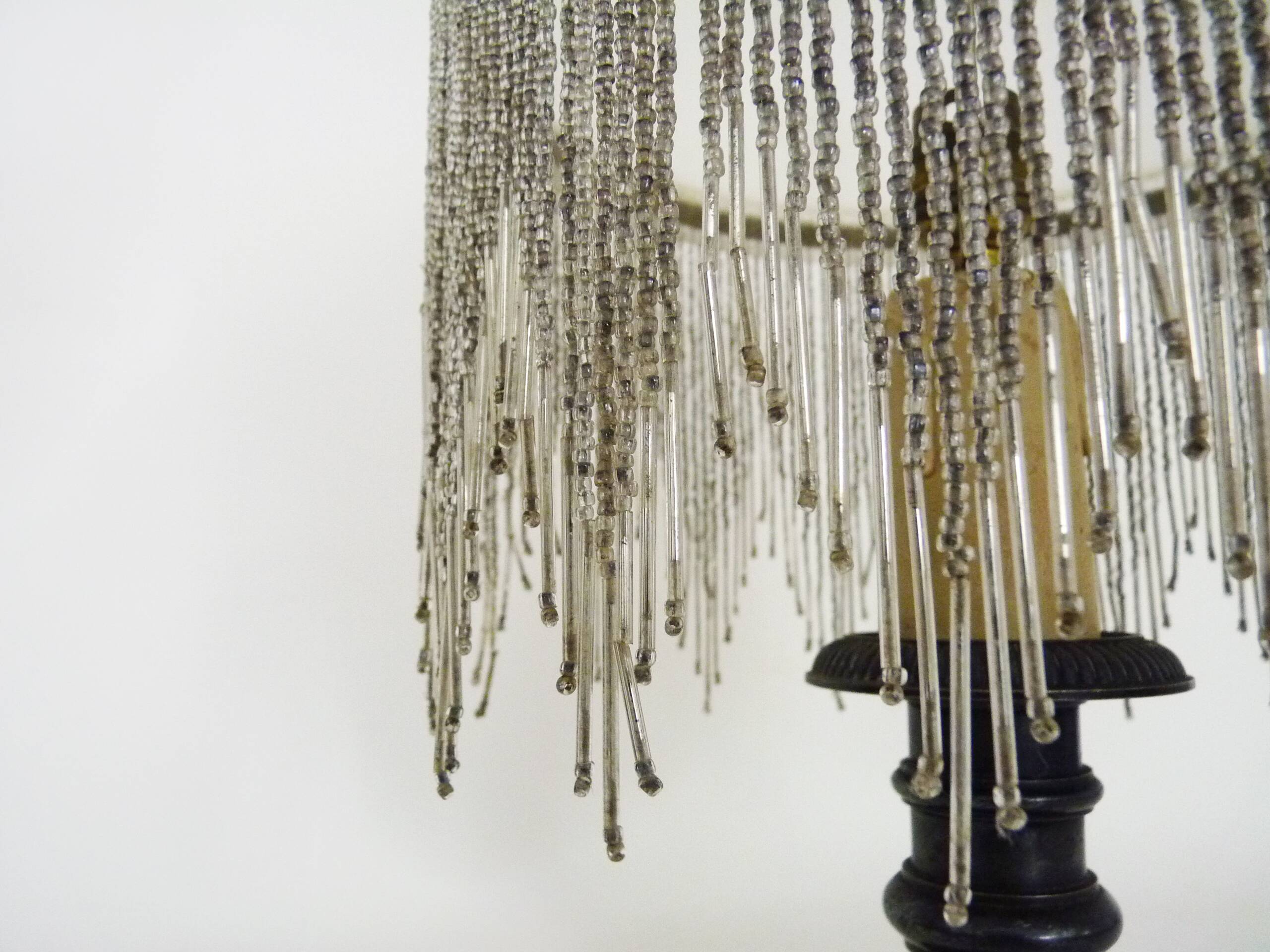 Table lamp, bedside lamp, silver metal base, globe and beads