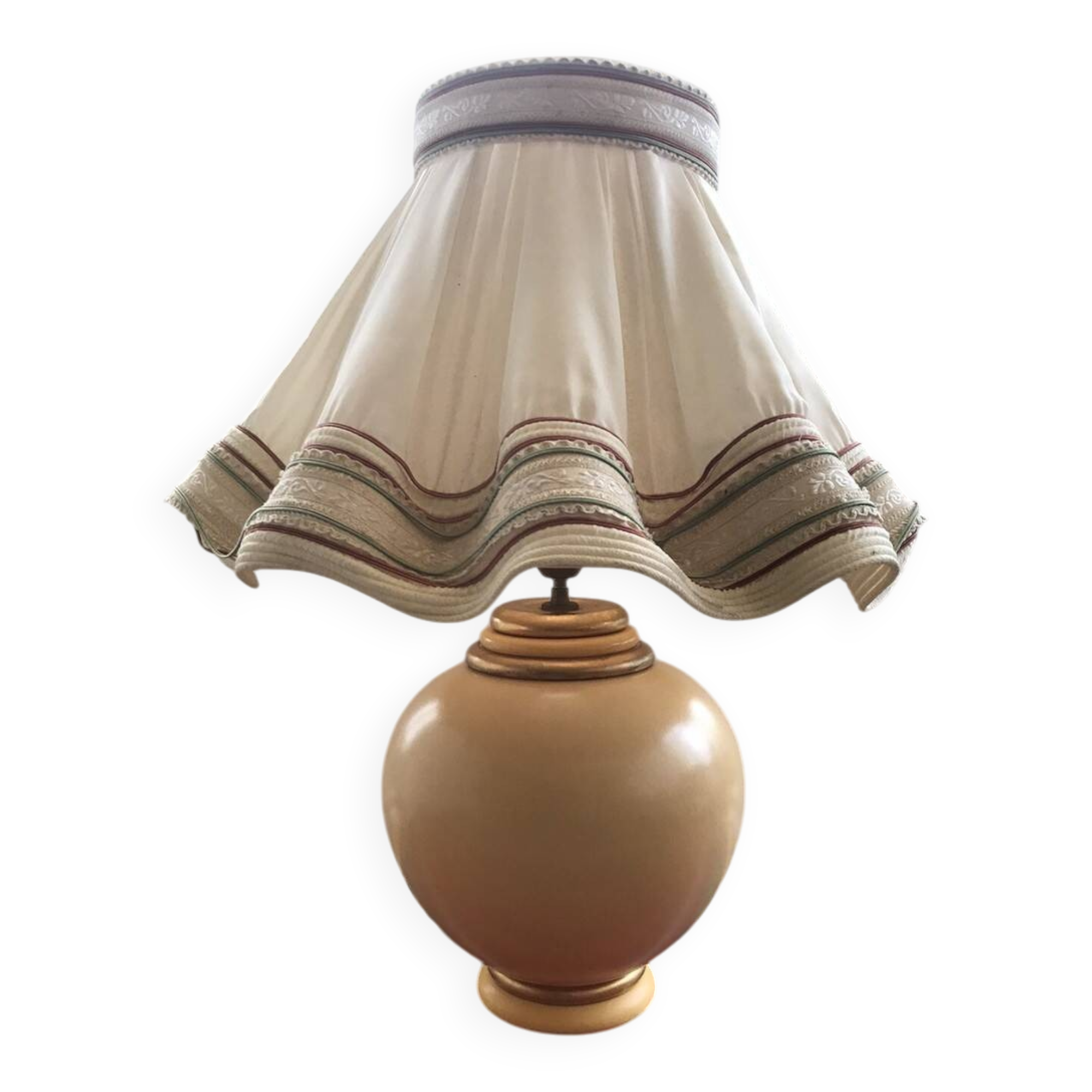 Vintage kostka lamp ceramic honey & gold + draped fabric shade burgundy