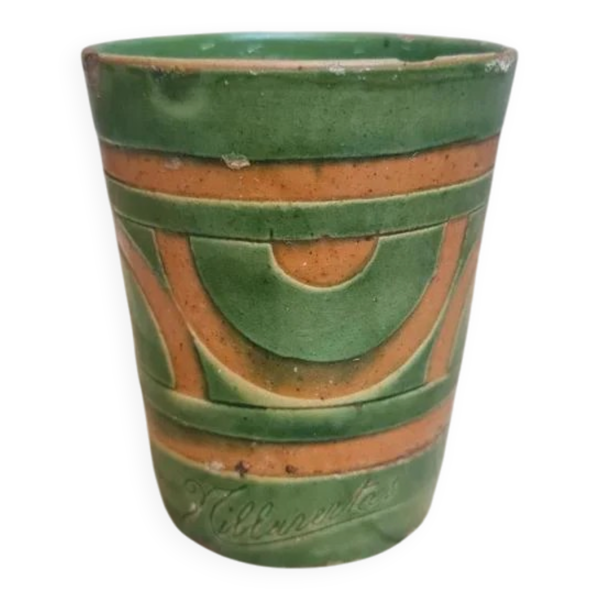 Vase / gobelet Art Déco Satre & Vallin « nillavertas » en céramique émaillée verte et ocre