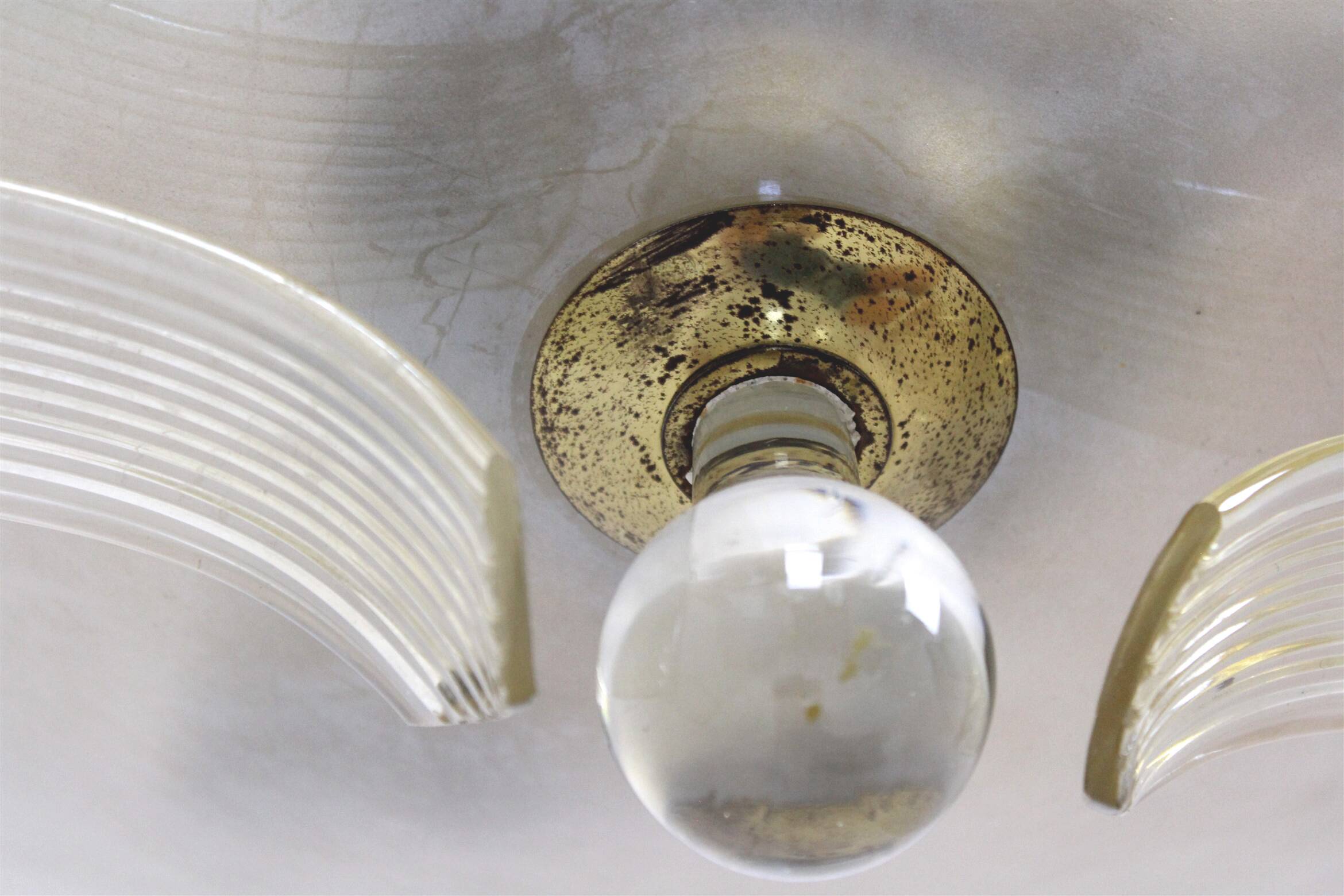Brass and Curved Glass Ceiling Light from ESC Zukov, 1940s