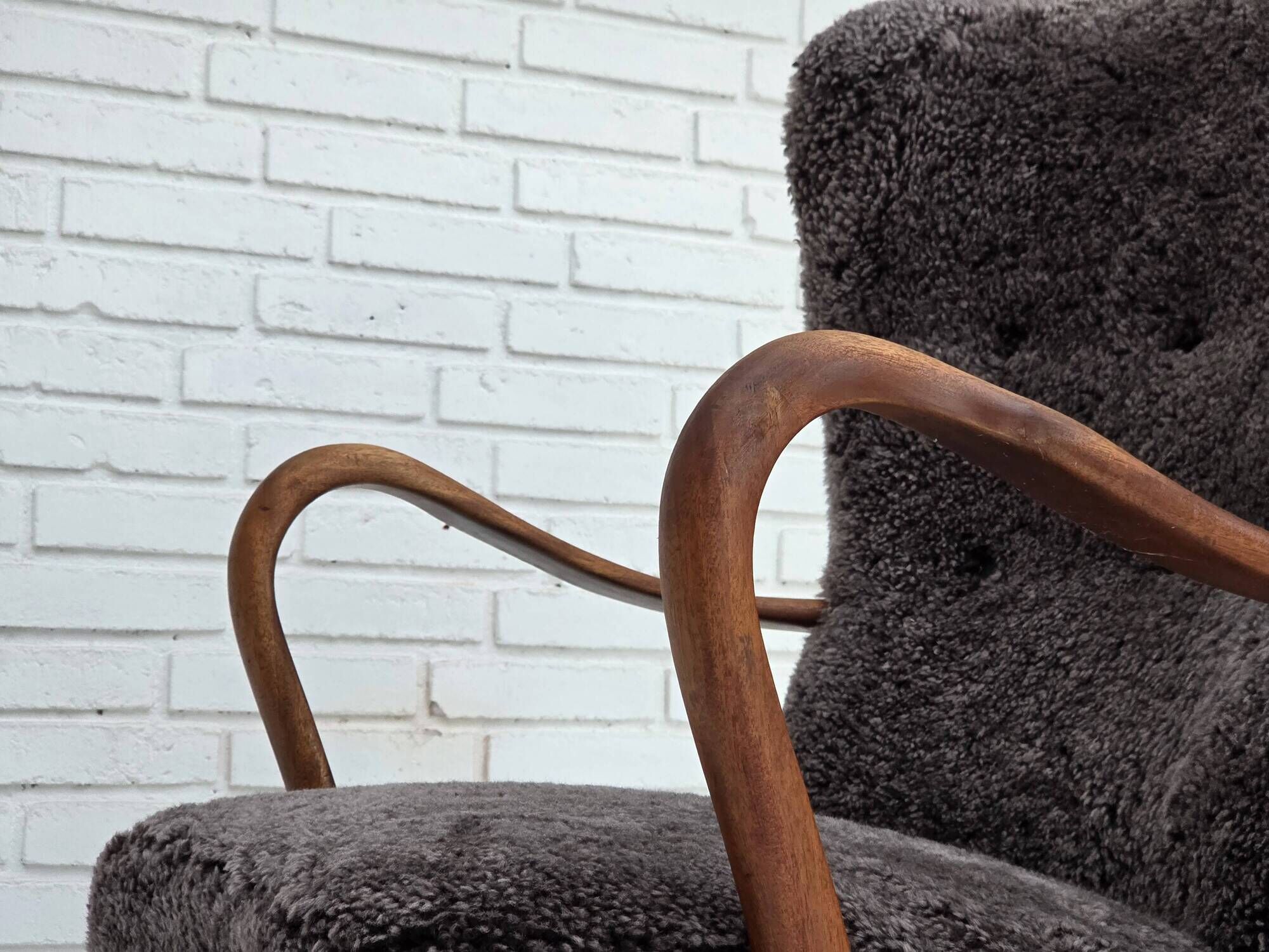 1960s, Danish armchair, reupholstered, genuine sheepskin.