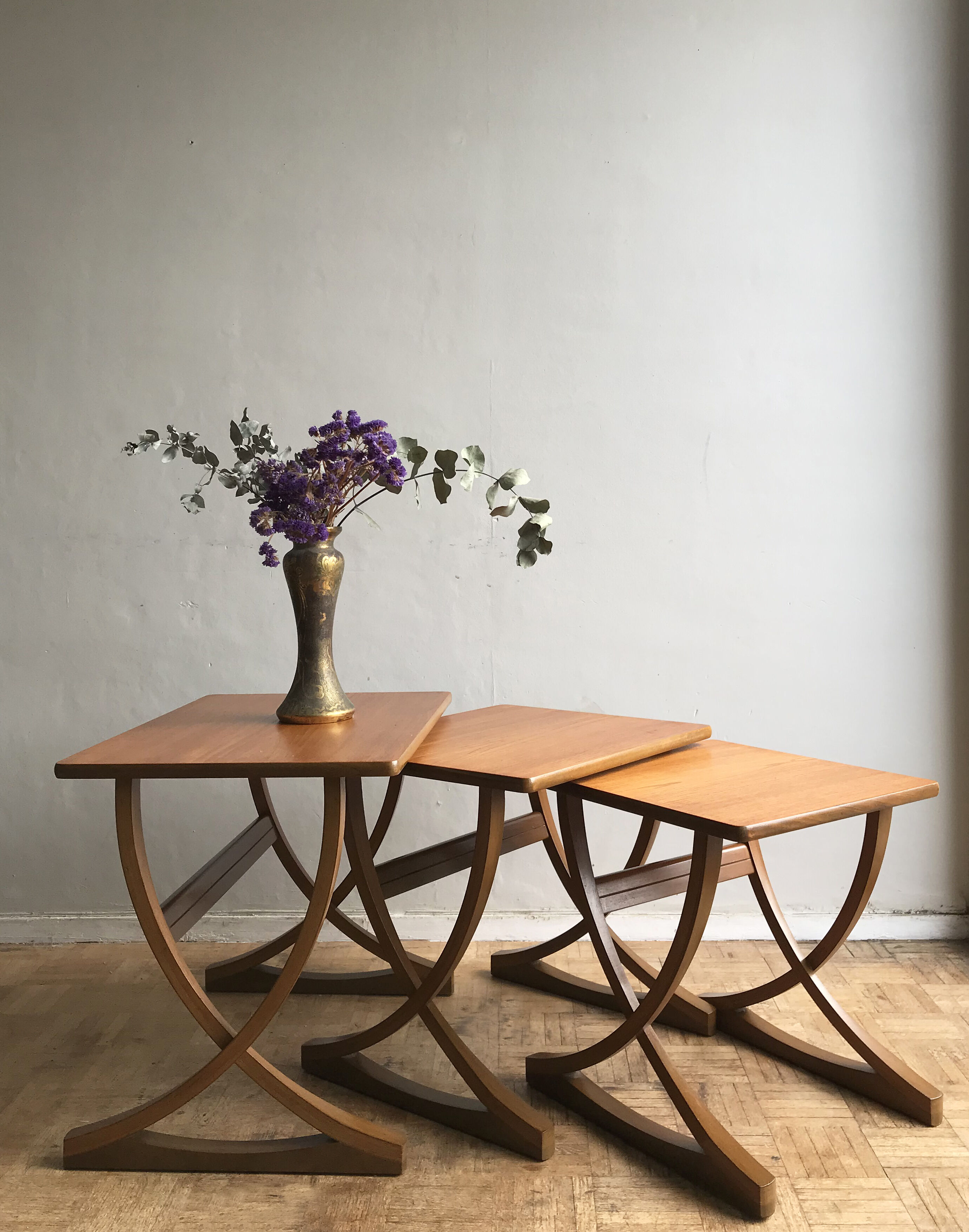 Set of 3 nesting tables from Nathan editions in teak and beech.