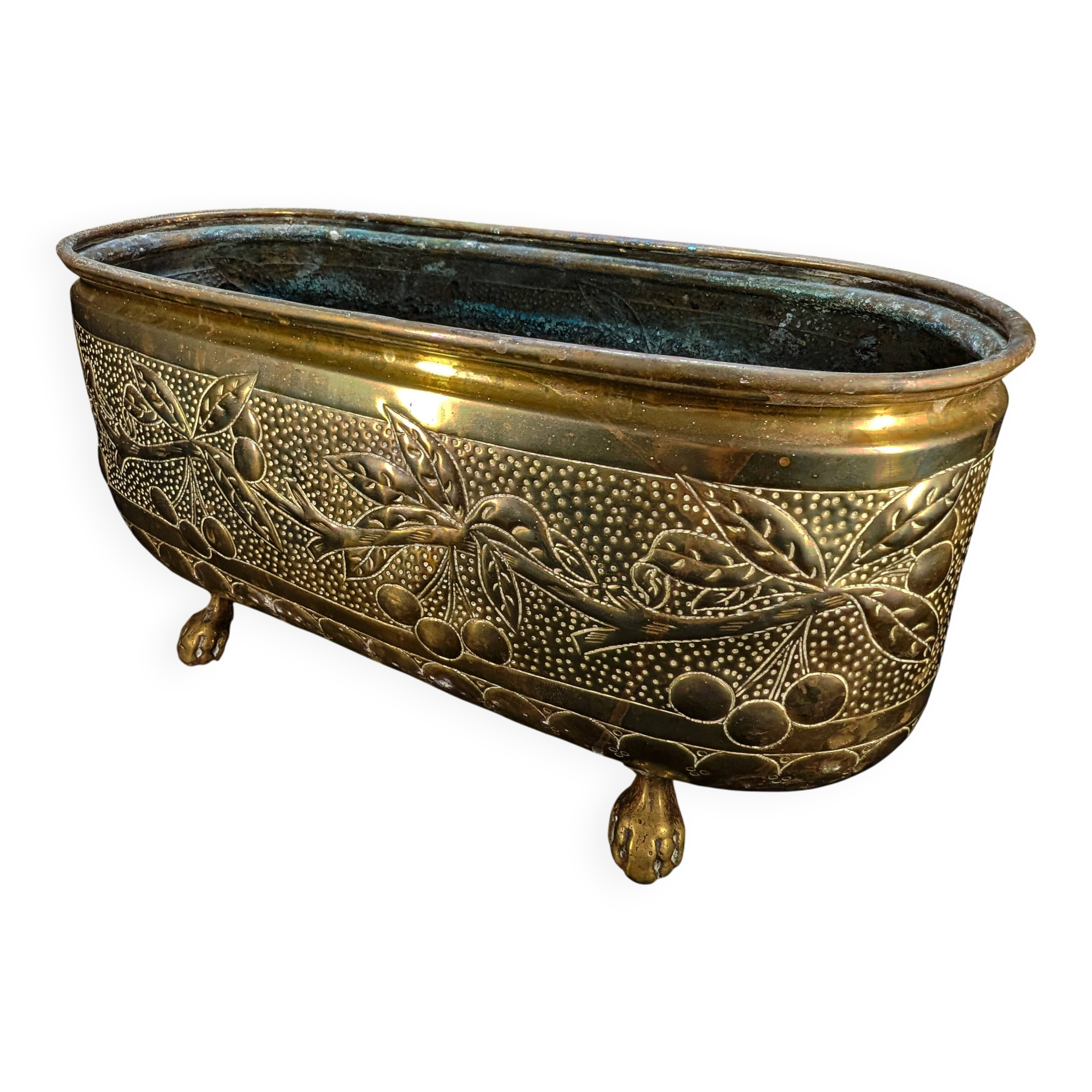 Antique Brass Jardinière – Repoussé Cherry & Leaf Décor – c.1900