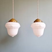 Pair of Art Deco pendant lights in pressed white opaline glass, 1920-30