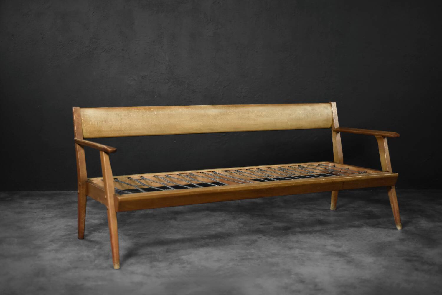 Vintage Mid-Century German Modern Oak & Black Leather Sofa, 1960s