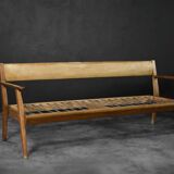 Vintage Mid-Century German Modern Oak & Black Leather Sofa, 1960s