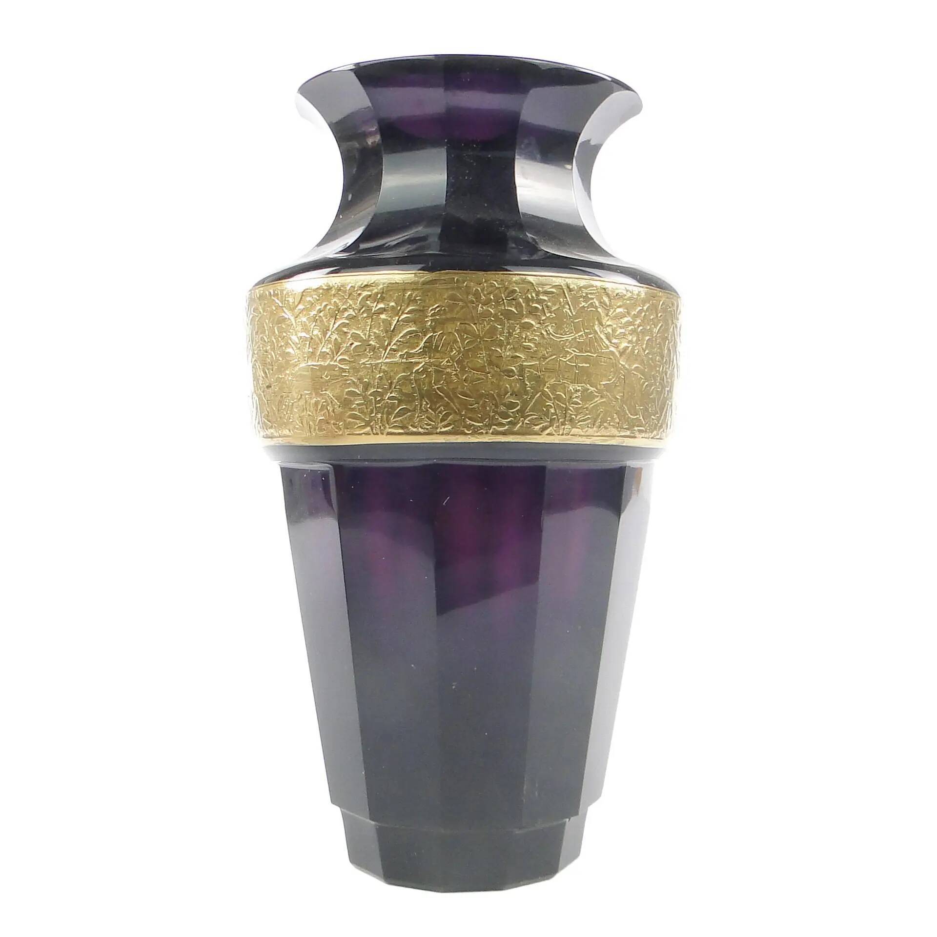 Art Deco vase, manganese glass, oroplastic, Czechoslovakia, 1930s