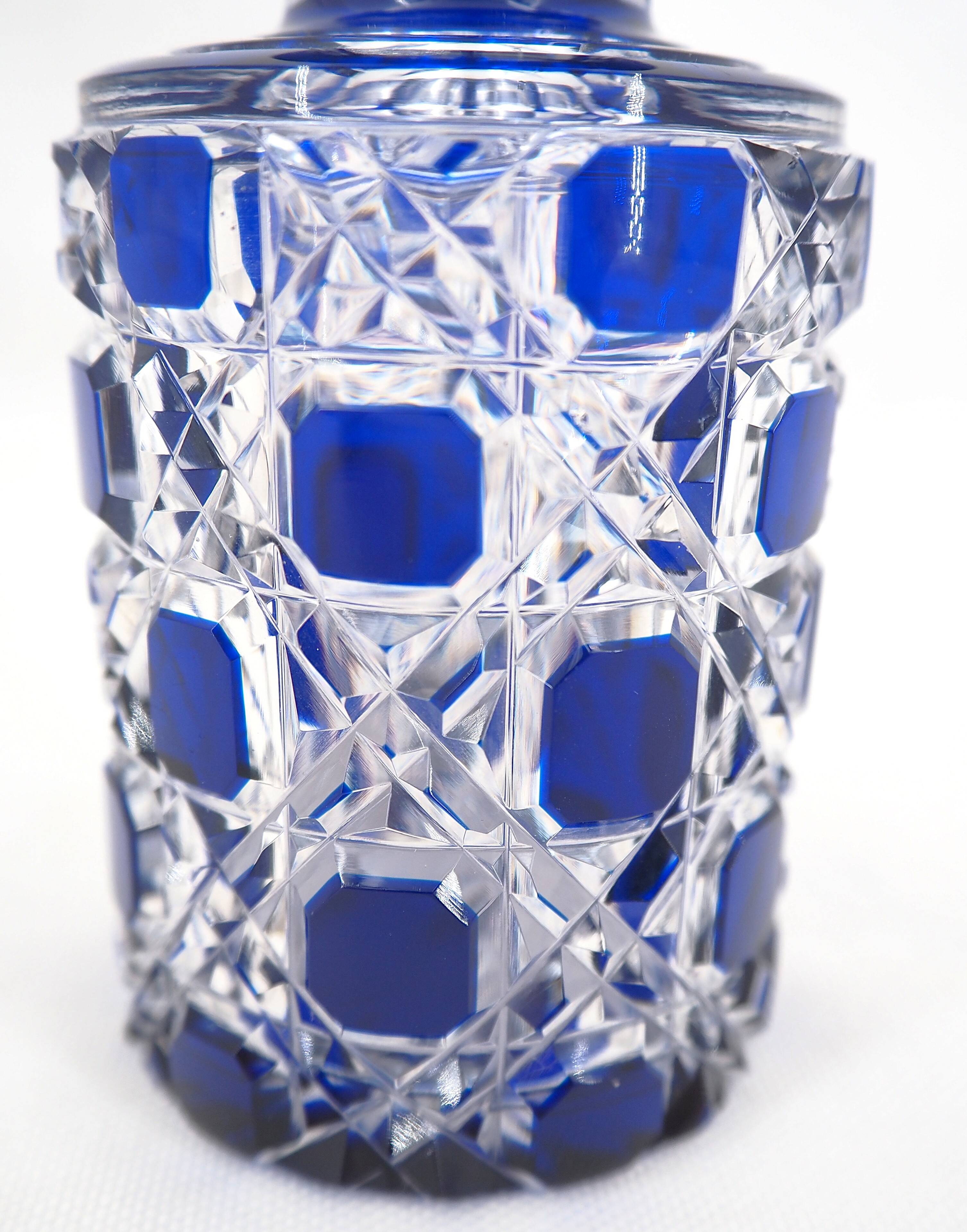 Baccarat, cut crystal bottle, blue lined, diamond gemstones, 14.8 cm.