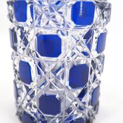 Baccarat, cut crystal bottle, blue lined, diamond gemstones, 14.8 cm.