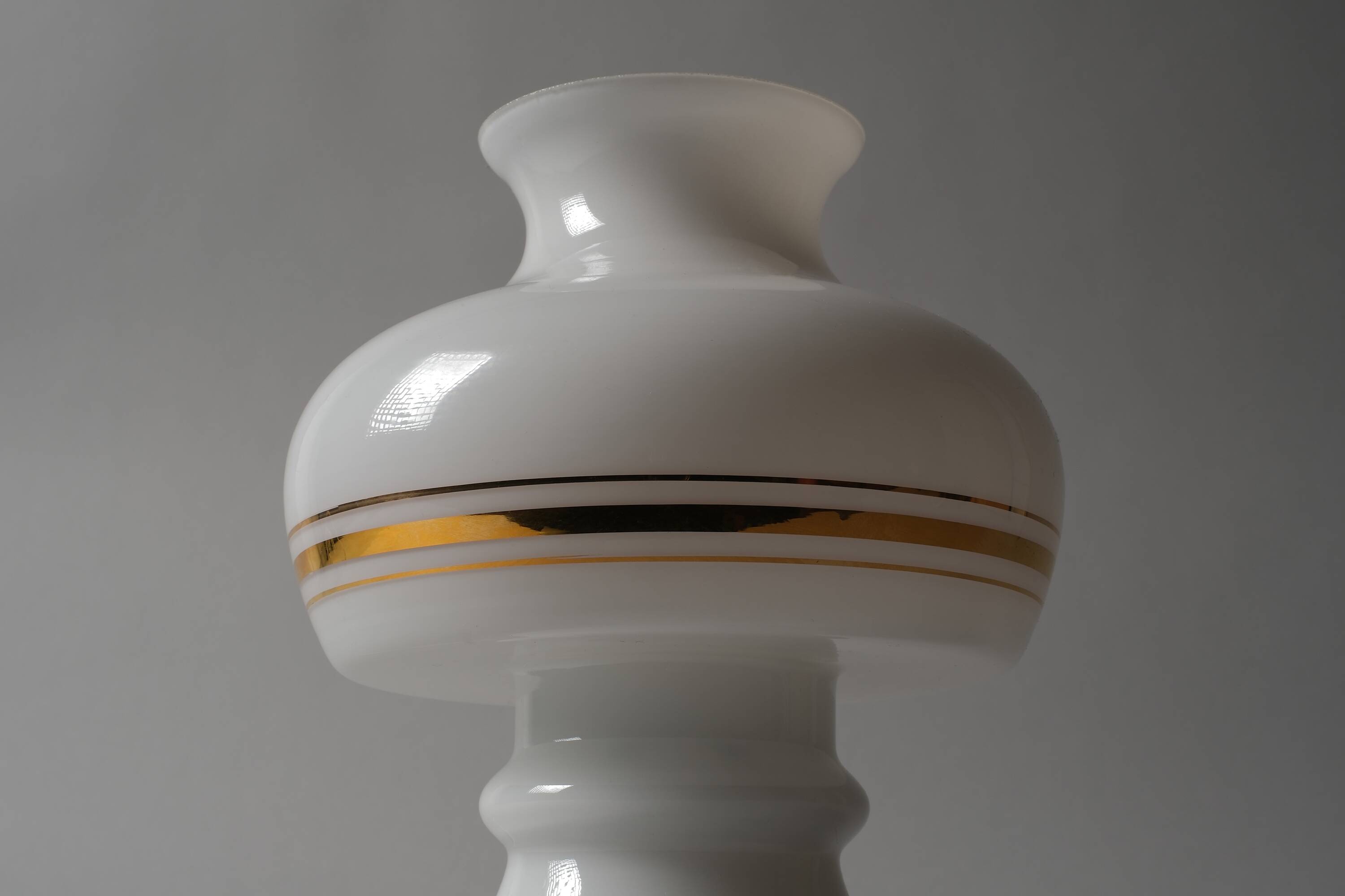 Flygsfors Orrefors White Opaline Glass Mushroom Lamp with Golden Bands, 70s