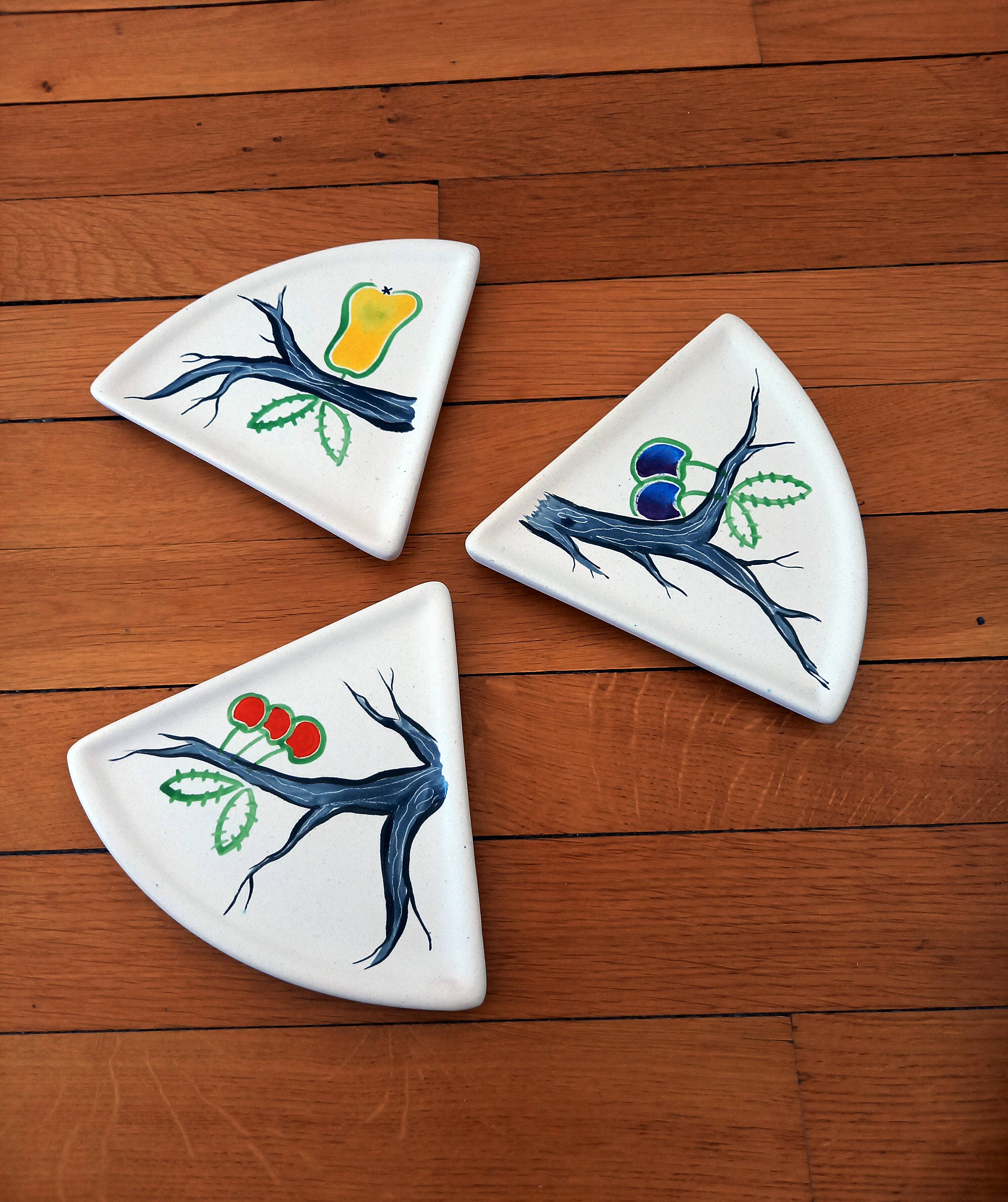 3 Flat Ceramic Bowls, Matte Glazed Terracotta, Vintage 60s